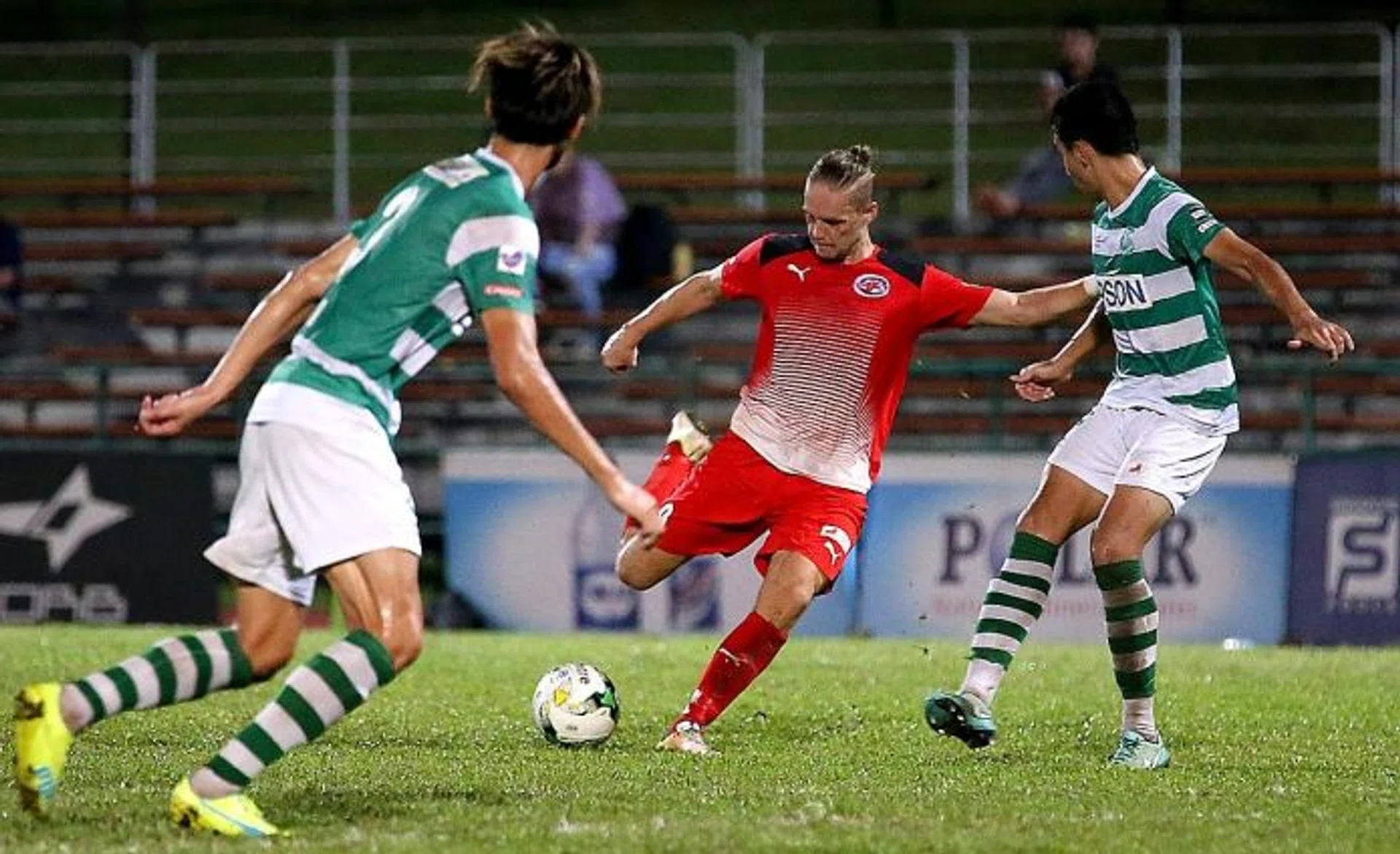 RUT OVER:  A brace from Ken Ilso (centre) ends Home United's seven-game winless streak.