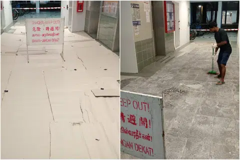 Popped floor tiles at Yew Tee HDB block lift lobby undergo repair