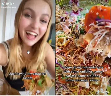 European woman tries 'salad with croutons, sausage'