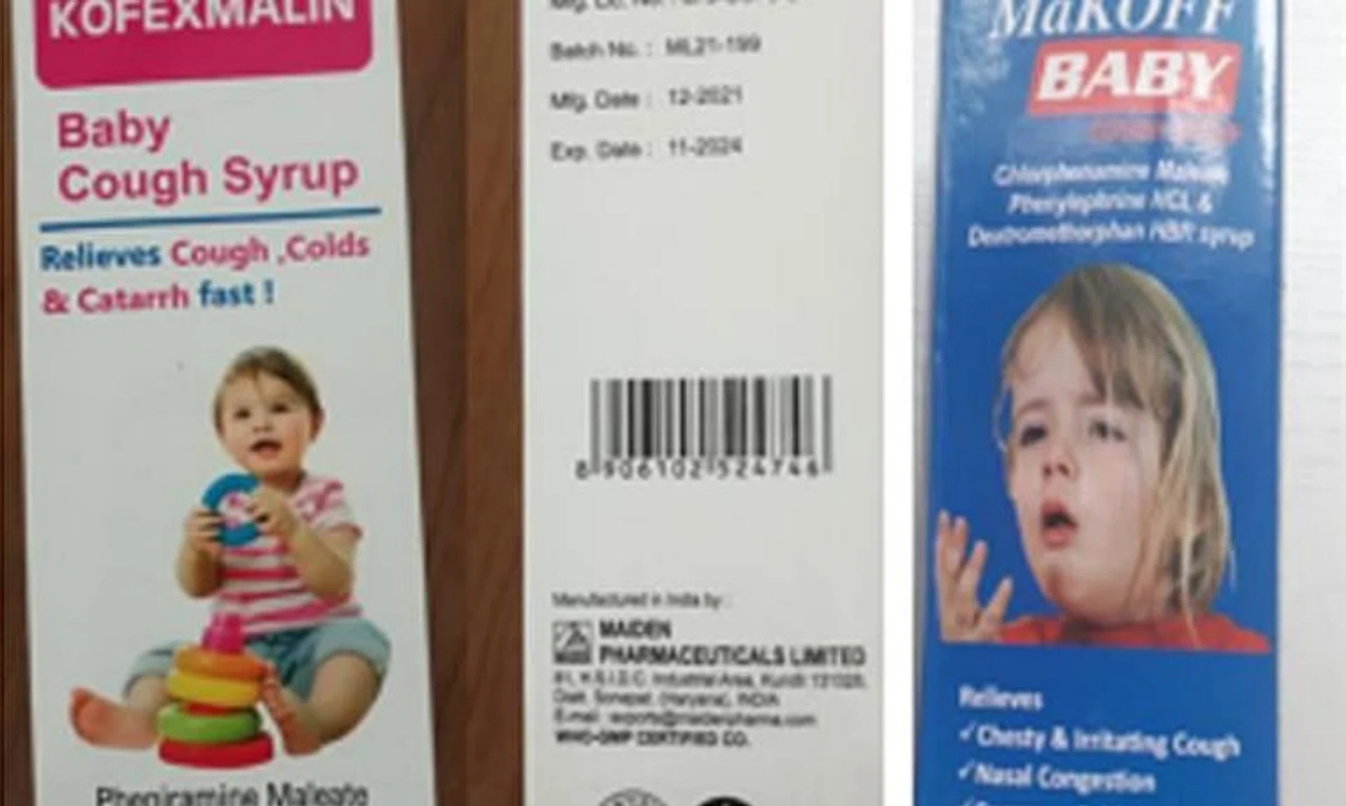 Two of the cough syrups linked to the fatal child kidney injuries.