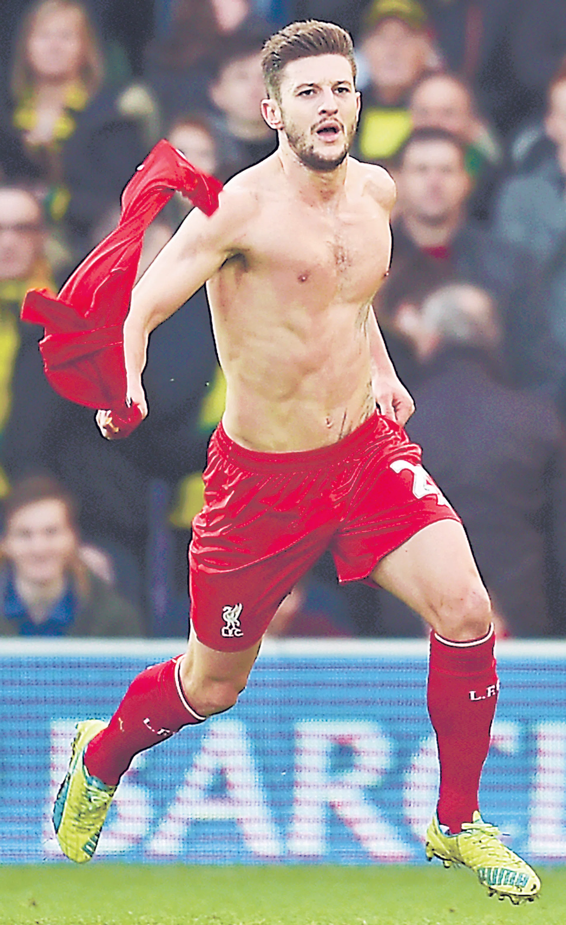 CHEST IN TIME: Adam Lallana celebrates his dramatic injurytime winner for Liverpool at Carrow Road.
