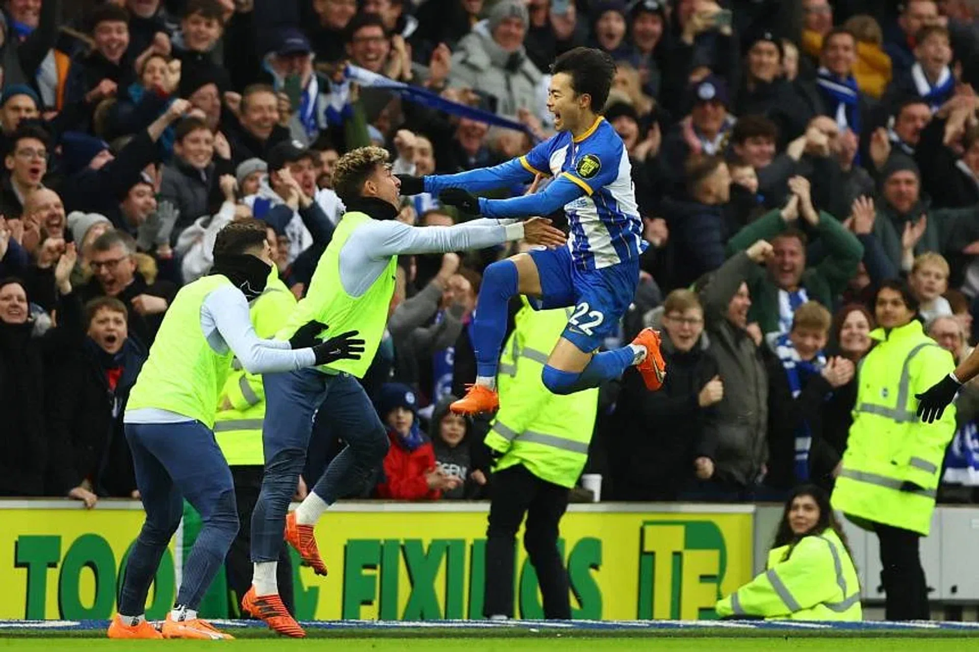 Brighton & Hove Albion's Kaoru Mitoma celebrating after scoring the winner against Liverpool in the FA Cup on Sunday. 
