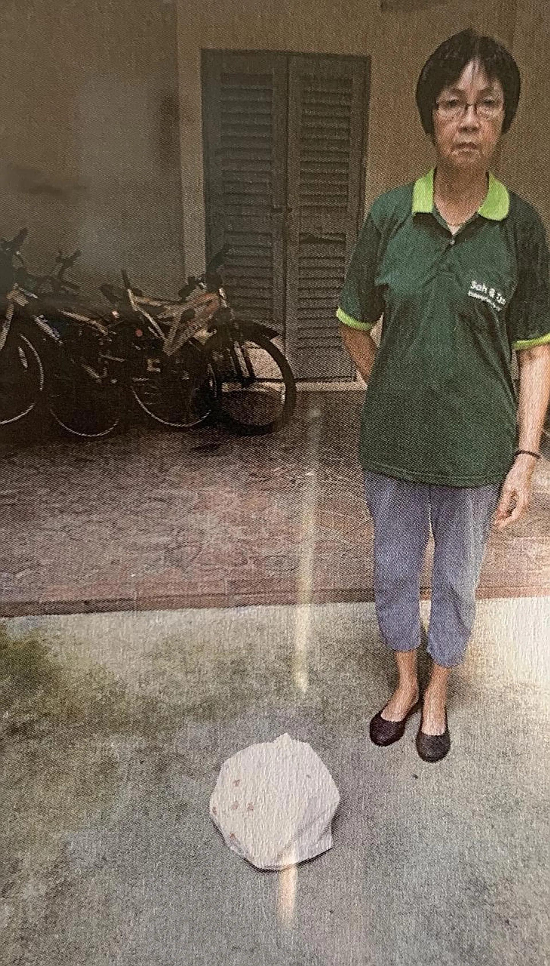 Cleaner Phang Aik Kam was hit by a plastic bag full of rubbish when she was just starting her shift at Block 10D Braddell View.