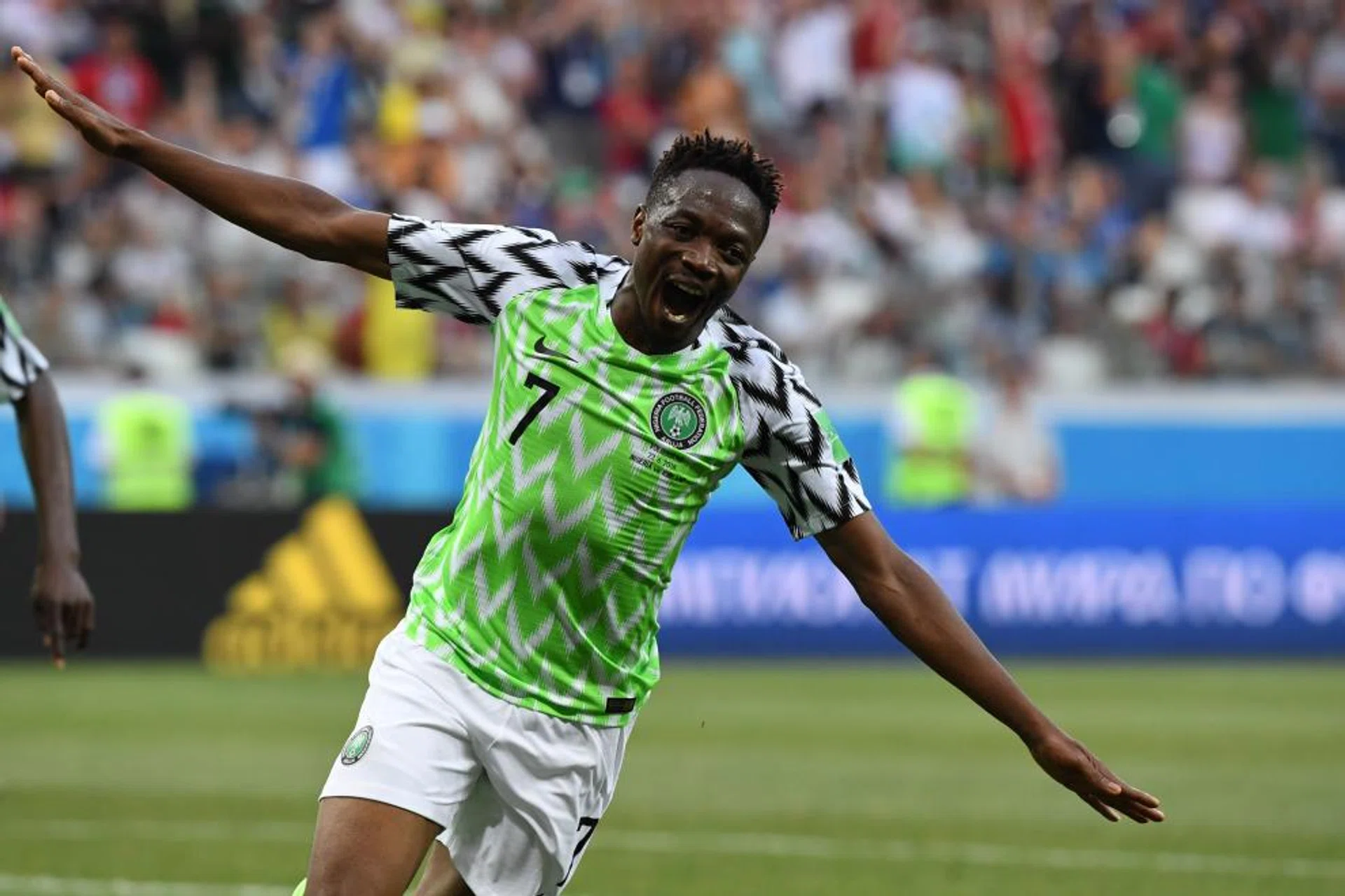Nigeria's Ahmed Musa celebrates after scoring their second goal.
