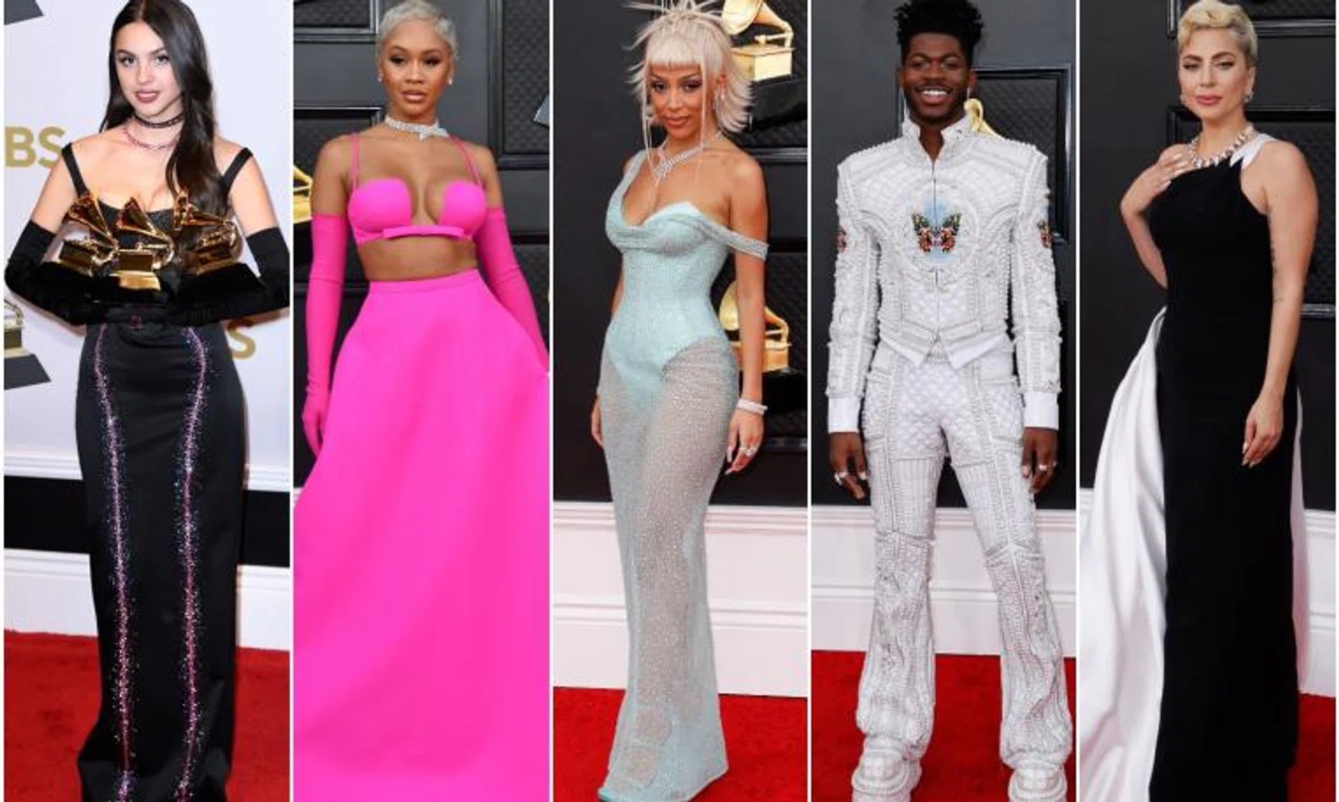 (From left) Olivia Rodrigo, Rapper Saweetie, Doja Cat, Lil Nas X and Lady Gaga