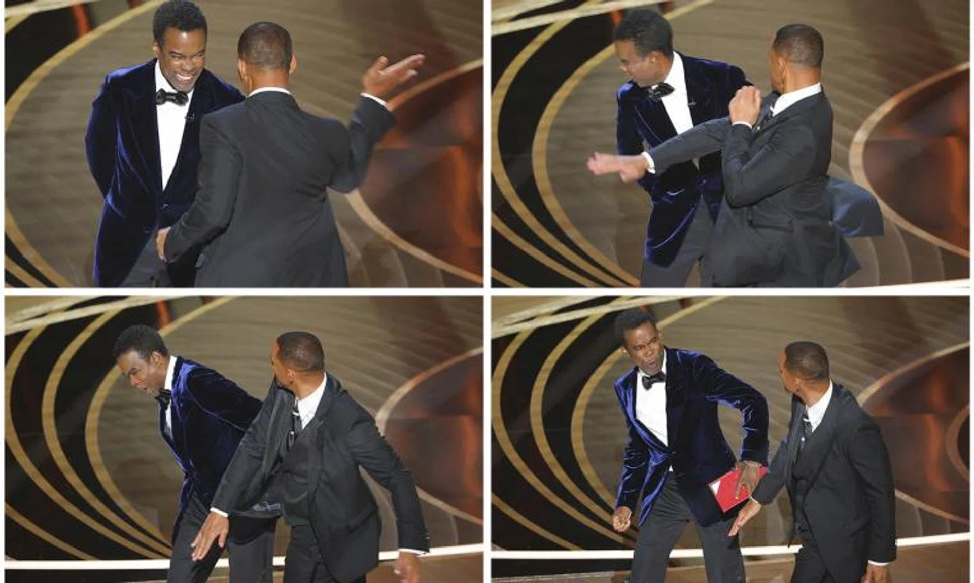 Will Smith hits at Chris Rock on stage during the 94th Academy Awards in Hollywood, Los Angeles, on March 27, 2022.