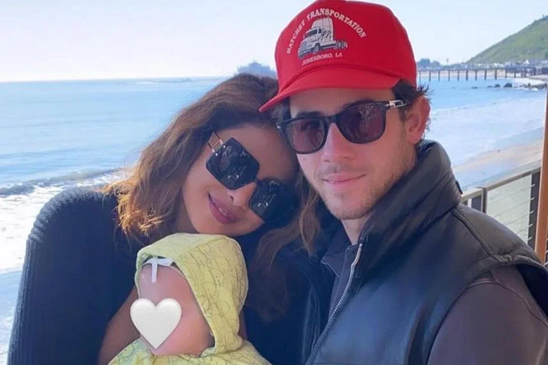Priyanka Chopra shared photos of herself with her husband Nick Jonas and their daughter Malti at a Malibu beach on Sunday. 
