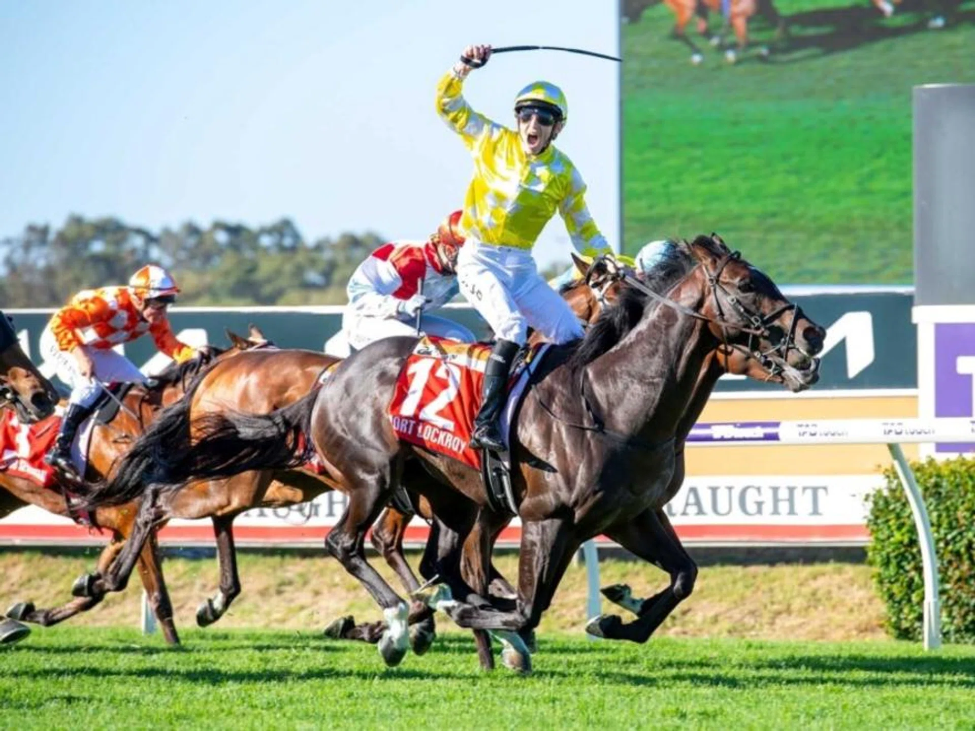 Perth jockey Clint Johnston-Porter saluting his home crowd at Ascot, as he snares his first Group 1 success aboard Sydney raider Port Lockroy in the Railway Stakes (1,600m) at Ascot on Nov 23. 
