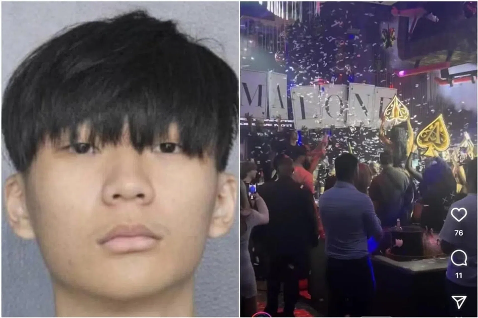 An Instagram reel (right) shows Malone Lam (left) purportedly having an extravagant party at a nightclub.