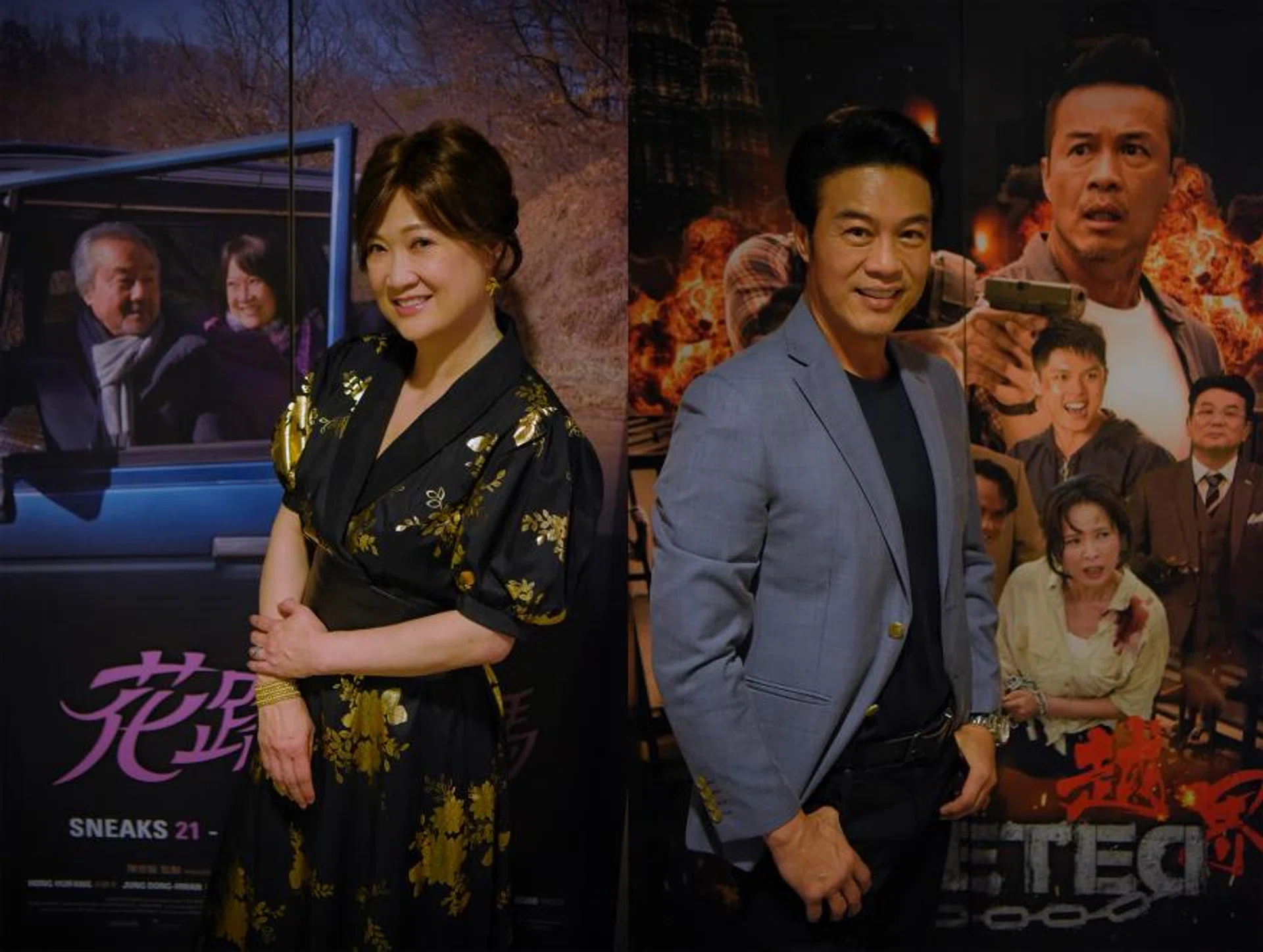 Hong Huifang (left) and her husband, Zheng Geping, are pictured with promotional posters of each of their upcoming movies, Ajoomma and Deleted. 