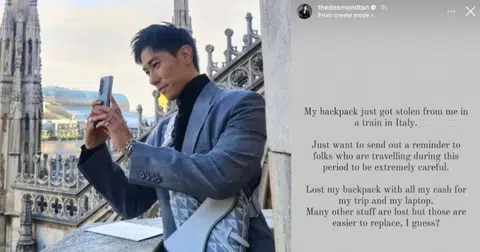 Actor Desmond Tan gets robbed while on a train in Italy, loses laptop and cash