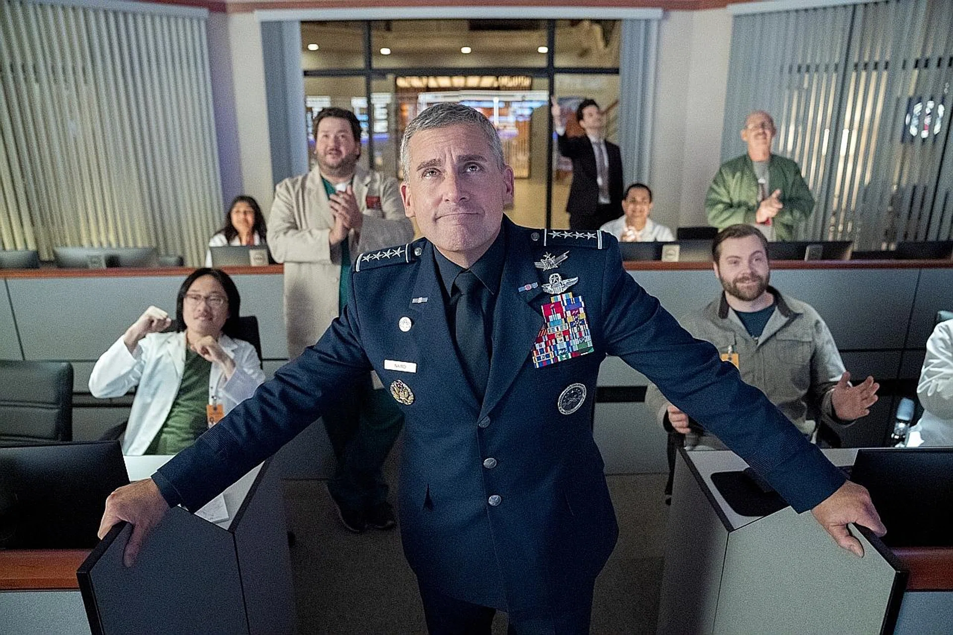 Steve Carell stars as General Mark R. Naird (centre) in Space Force.  