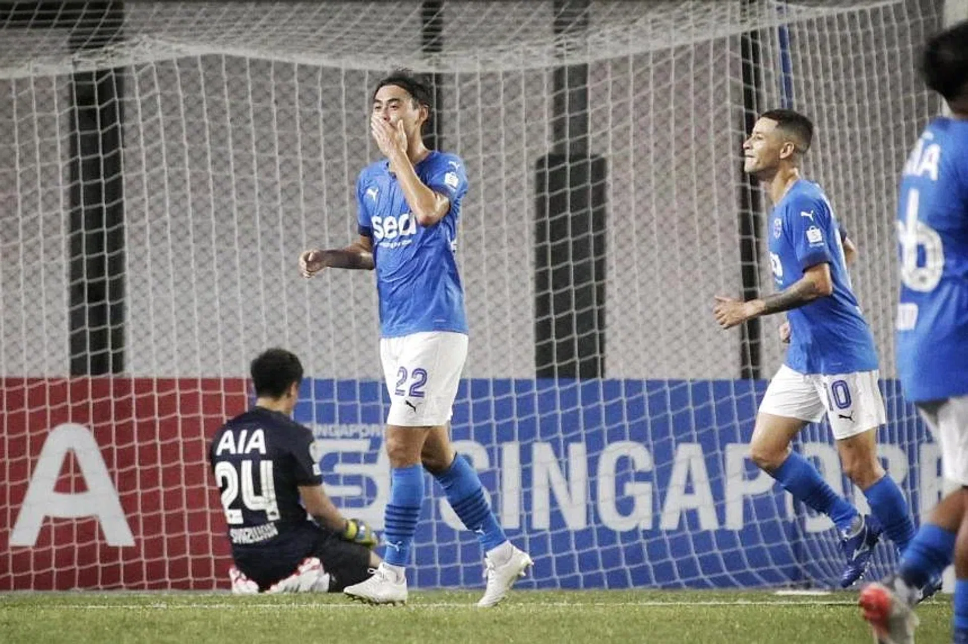 Lion City Sailors’ Gabriel Quak (centre) celebrating after scoring against Tampines Rovers in their match at Our Tampines Hub on May 21, 2022. 
