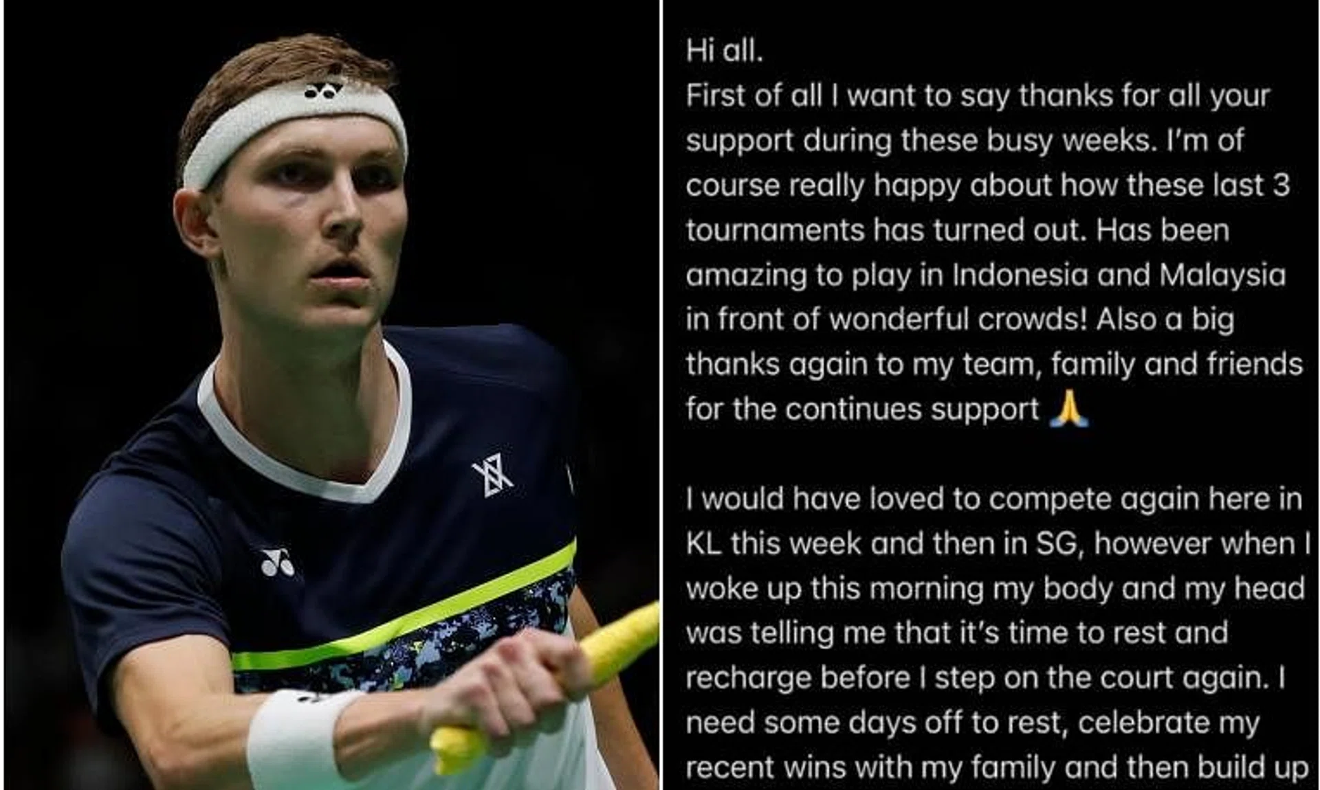 Viktor Axelsen announced his decision on social media a day after winning the Malaysia Open on July 5.