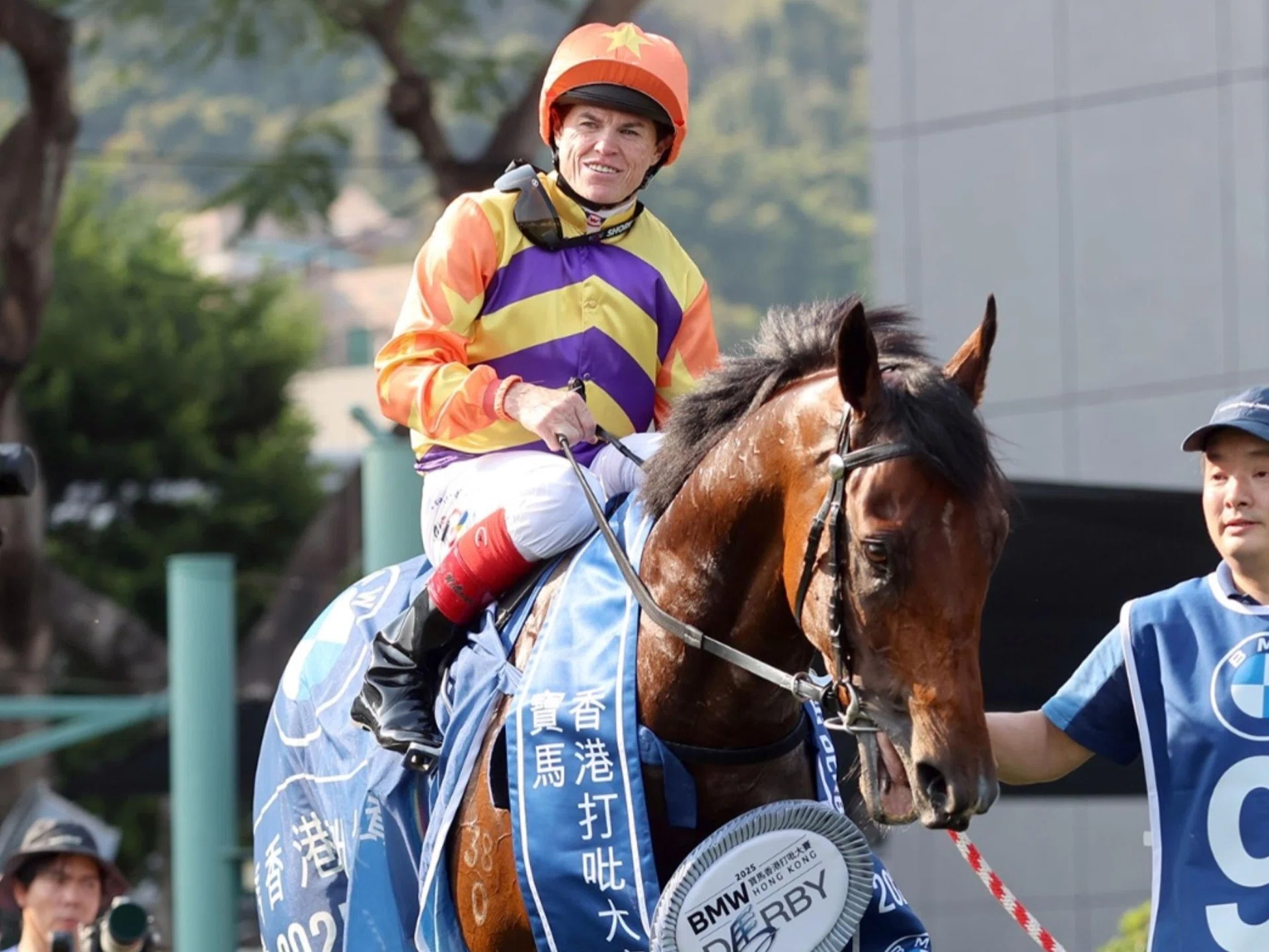 Cap Ferrat (Craig Williams) being crowned the BMW Hong Kong Derby (2,000m) champion at Sha Tin on March 23. The Francis Lui-trained galloper will line up in the Group 1 FWD Queen Elizabeth II Cup (2,000m) on April 27.PHOTO: HKJC
