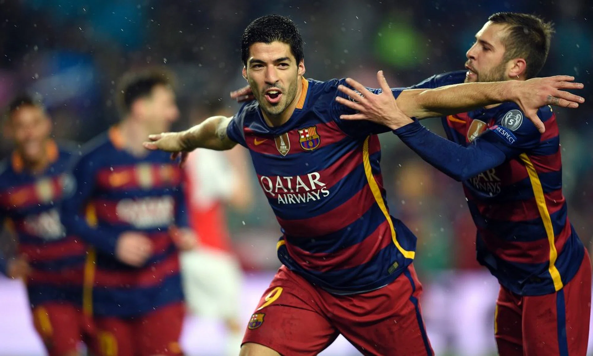 Barcelona's Luis Suarez  celebrates his superb goal during the Champions League Round of 16.