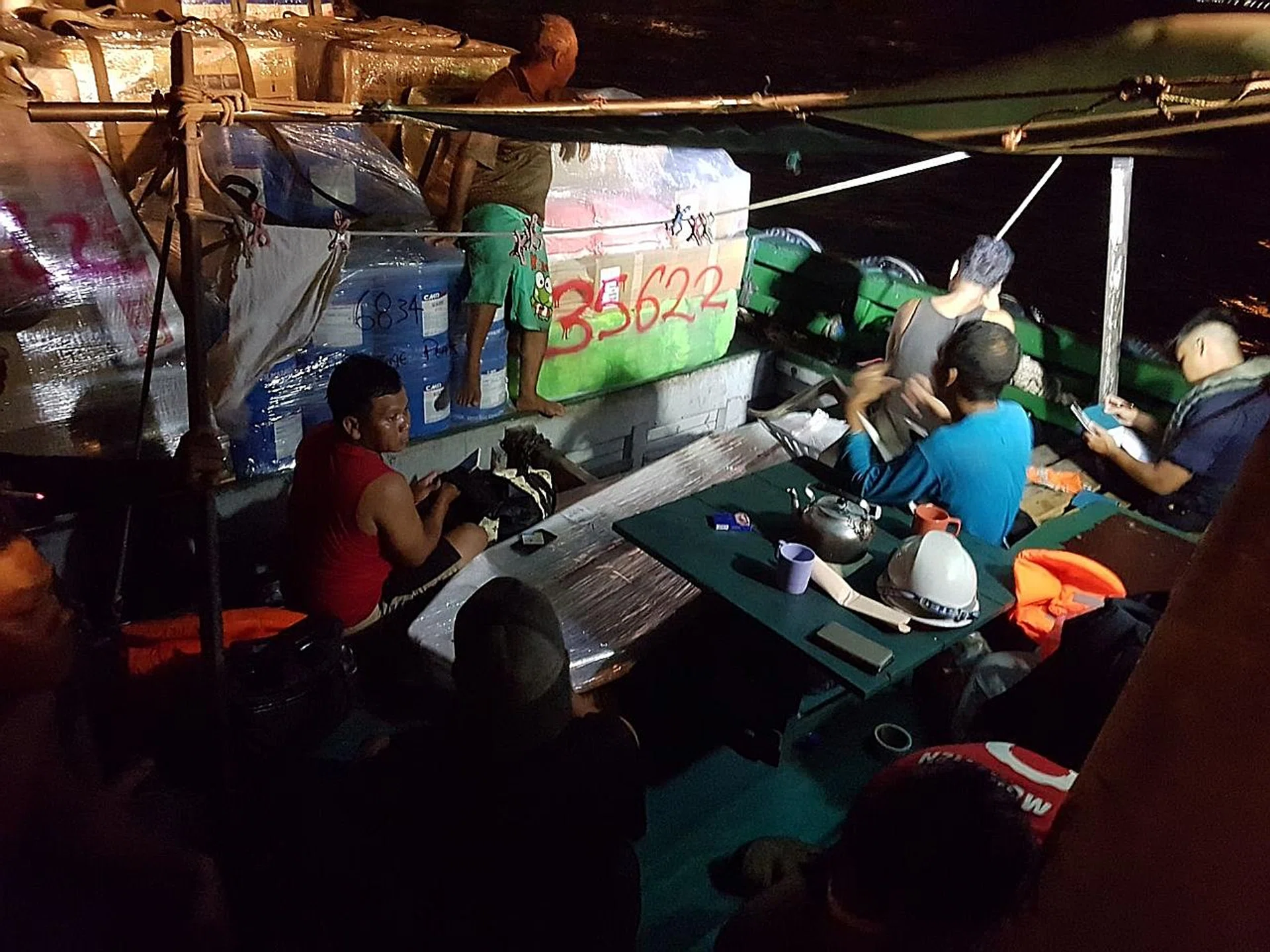 After they were pulled on board the Sunlight Poseidon, the Samudra Indah survivors were shivering and weak from the ordeal. 