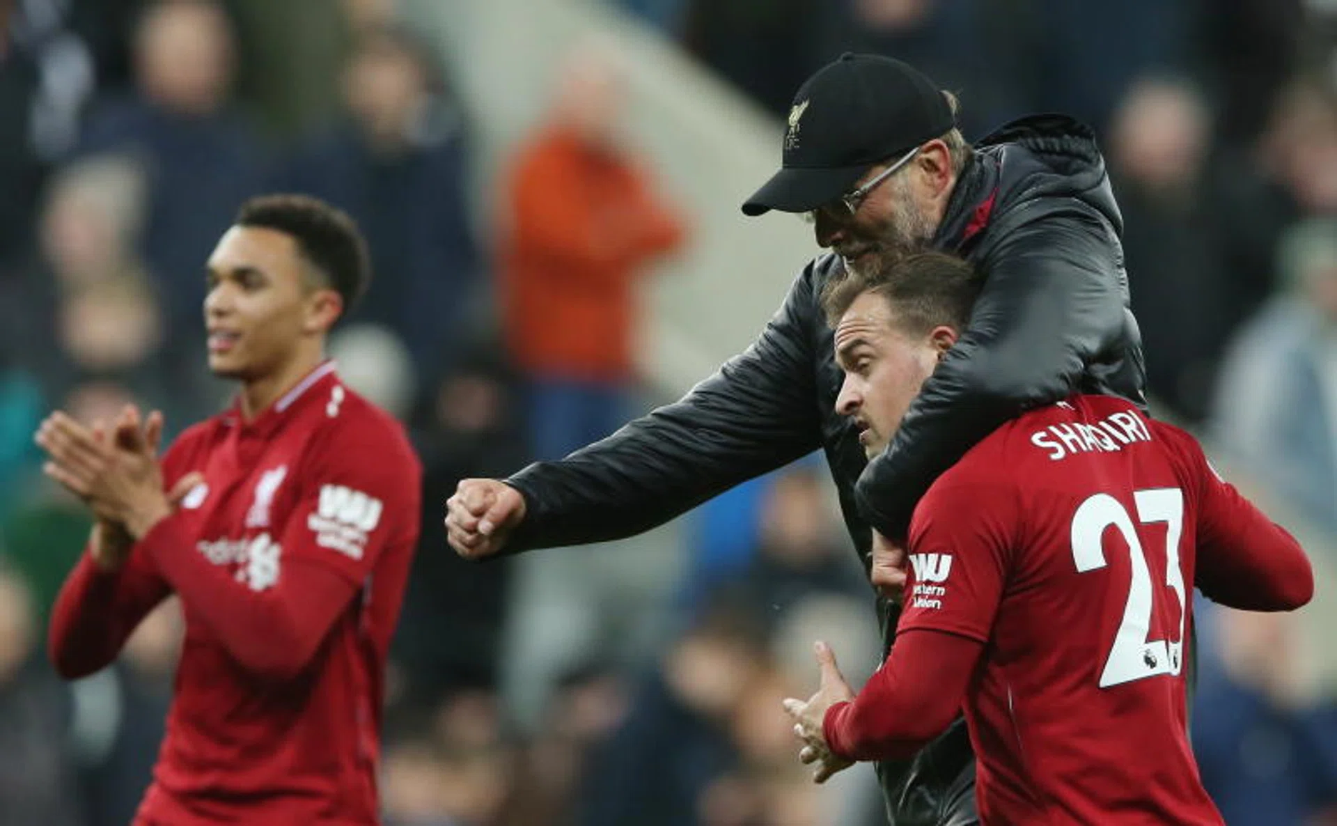 Liverpool manager Juergen Klopp giving substitute Xherdan Shaqiri a hug after their 3-2 win over Newcastle.