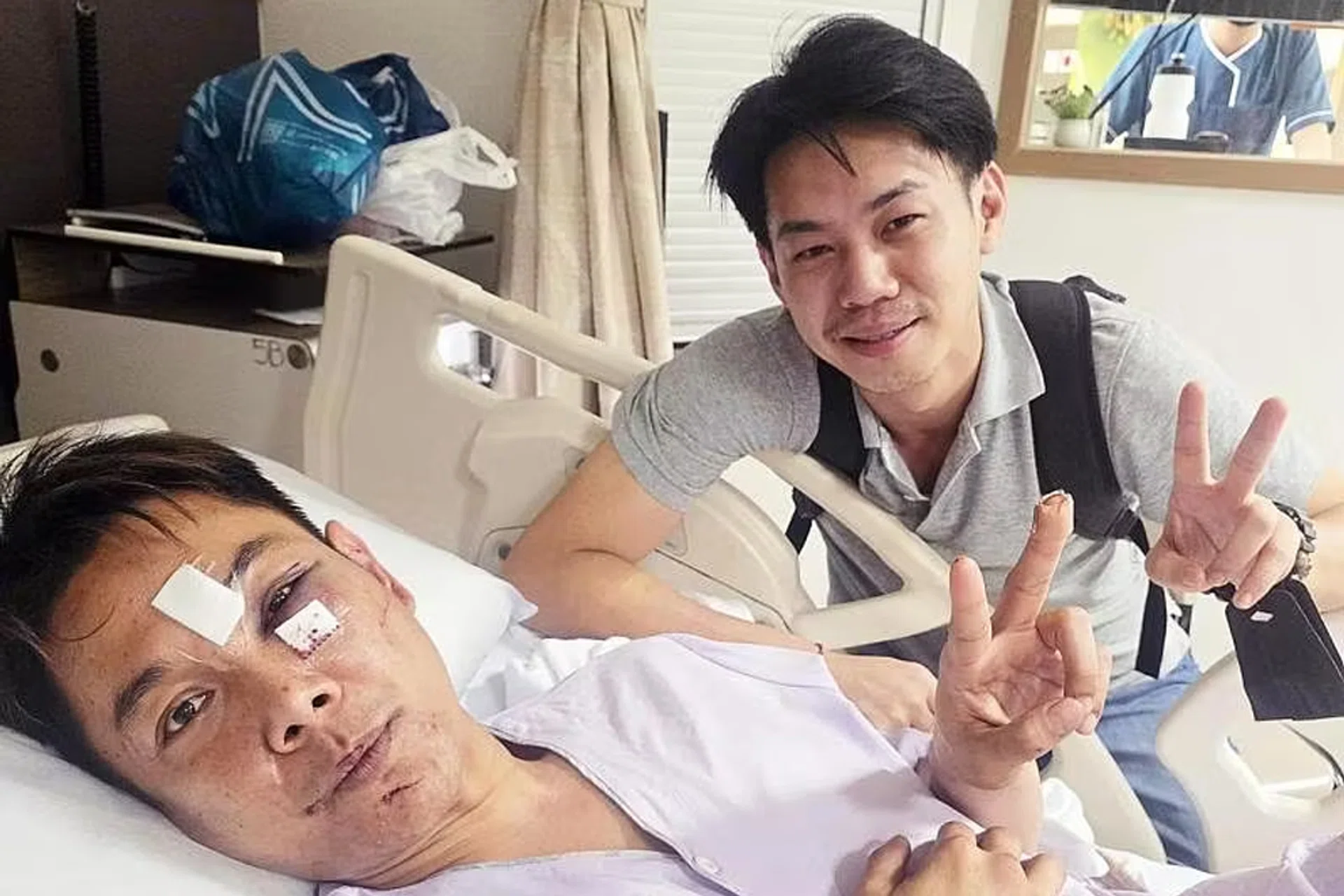 Actor Ryan Lian (left) was hospitalised after stabbed in the face on Nov 22. His friend, Zhou Weiyi (right) paid him a visit.