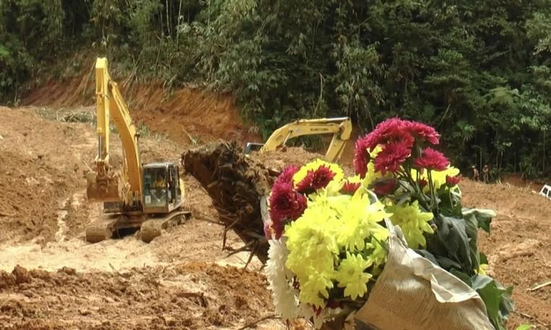 Bouquets of chrysanthemums were placed on the site of landslide in Batang Kali, off Genting Highlands in Malaysia. 