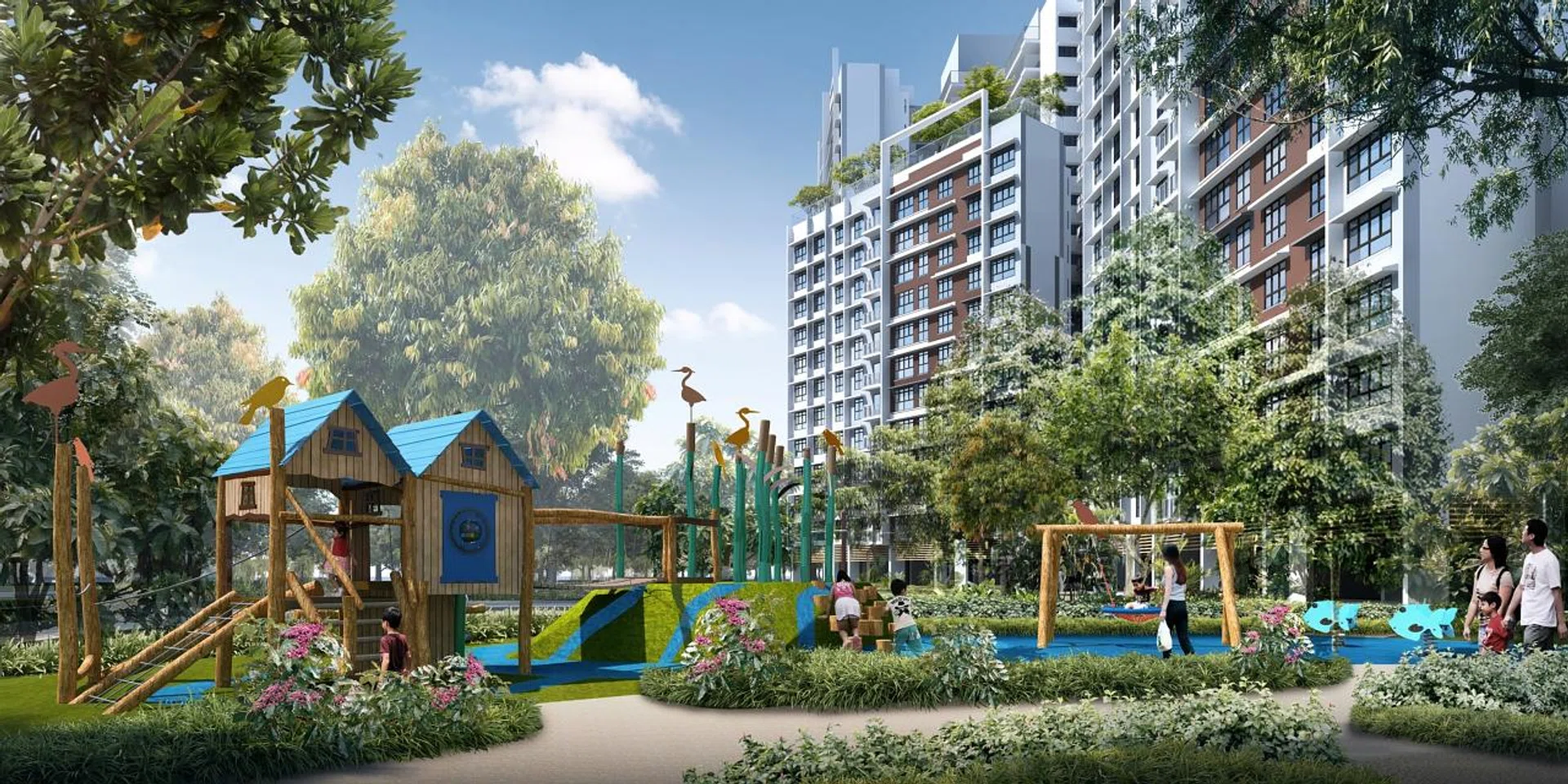 The playground in the Shoreline zone at Punggol Point Crown will include climbing elements reminiscent of stepping stones and boulders, as well as motifs of bird and fish. 