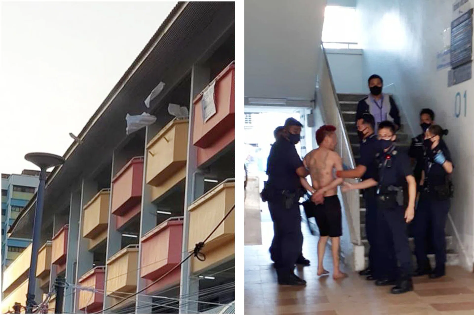 (Left) A plastic chair, pots and other debris were thrown from the fourth storey of the block. (Right) The man being arrested by police. 