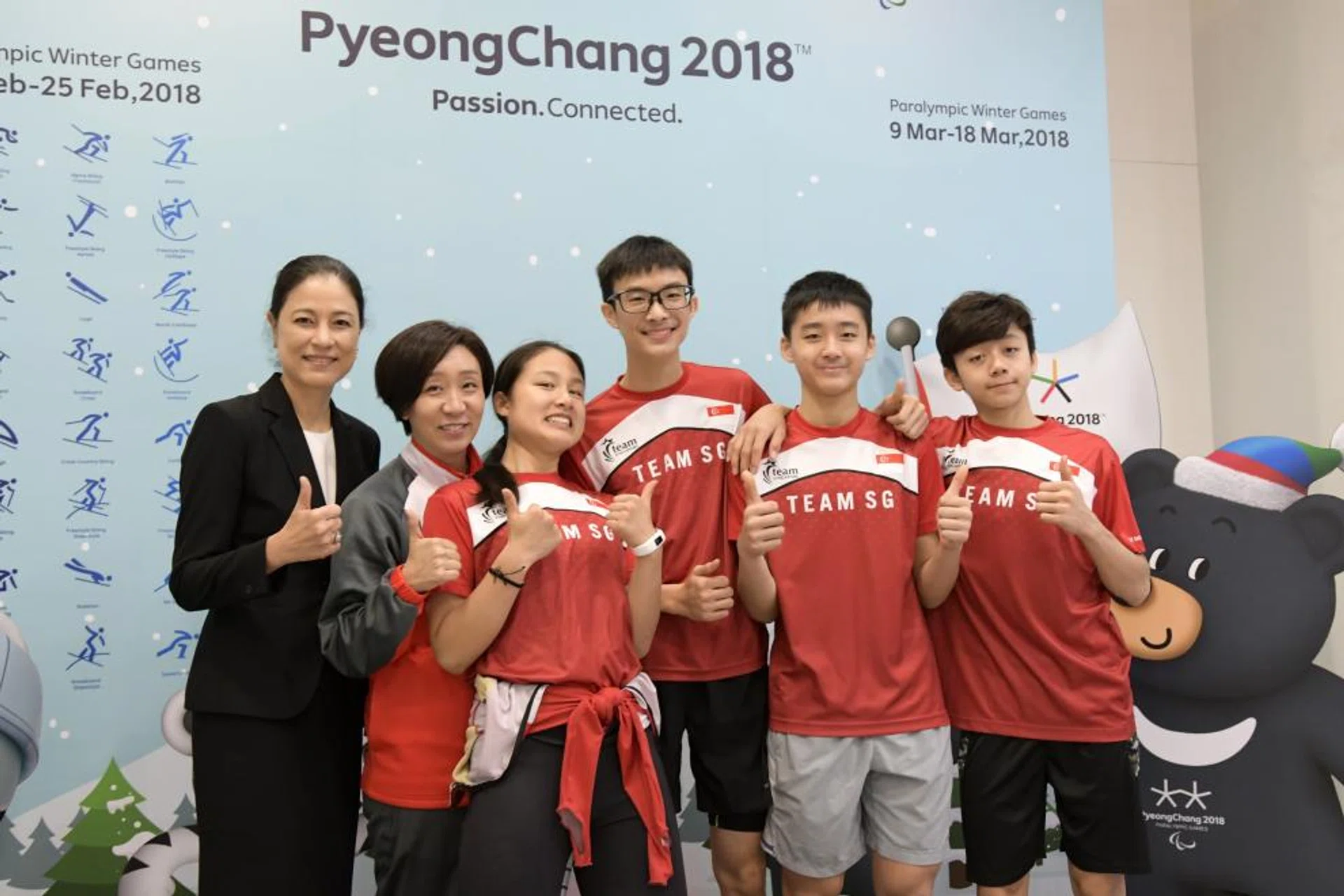 From left, Singapore Ice Skating Association president Sonja Chong, national coach Chun Lee Kyung, Winter Olympian Cheyenne Goh and young winter sportsmen Zen Koh, Trevor Tan and Piius Sng.