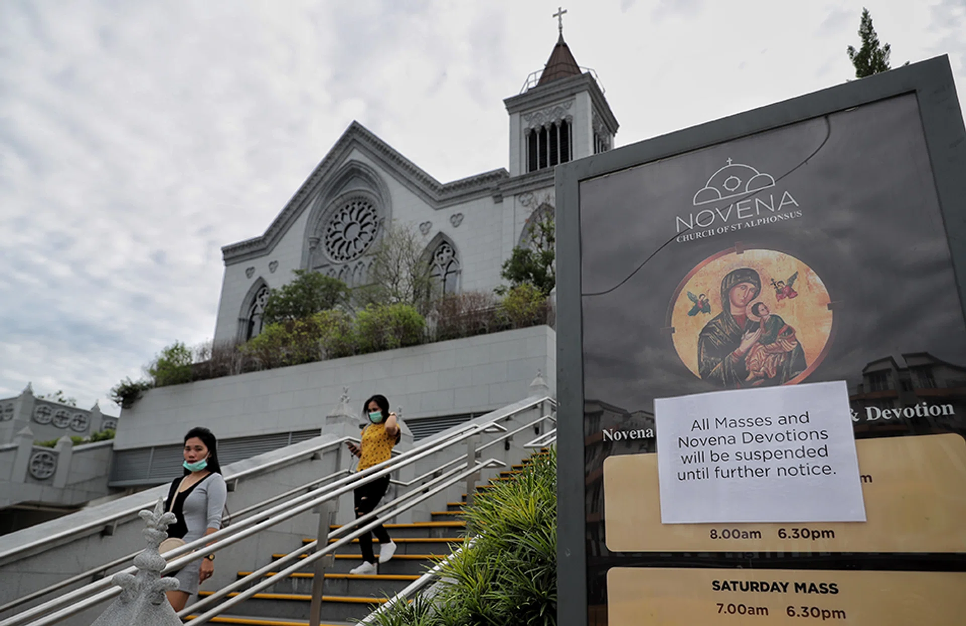 A notice at the Church of St. Alphonsus in Novena informing the public that all masses and Novena Devotions have been suspended, Feb 16, 2020 