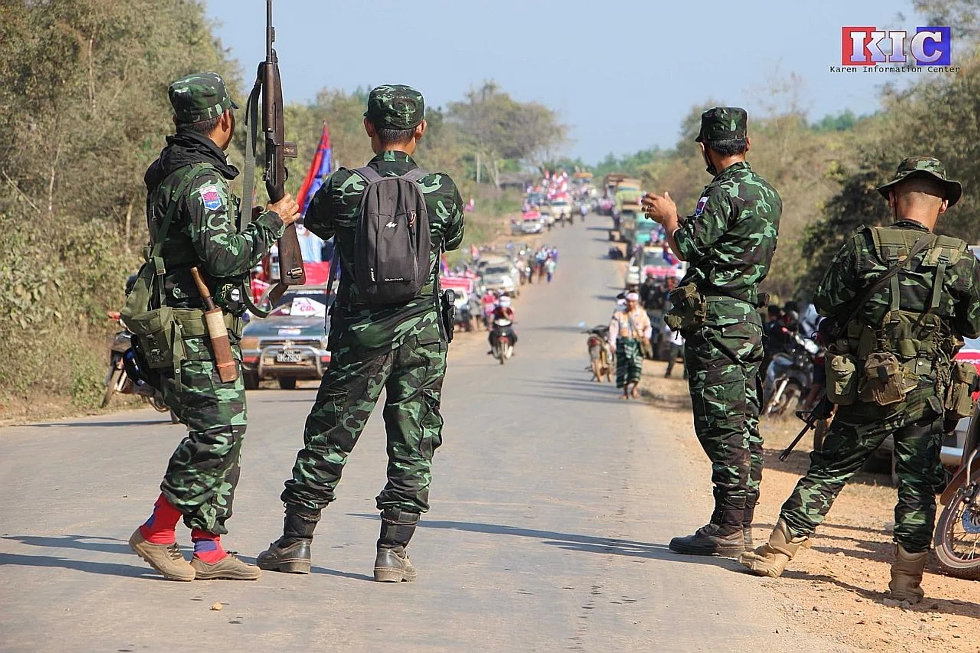 Members of Karen National Union, Myanmar's oldest ethnic army, taking part in a protest against the military coup. 