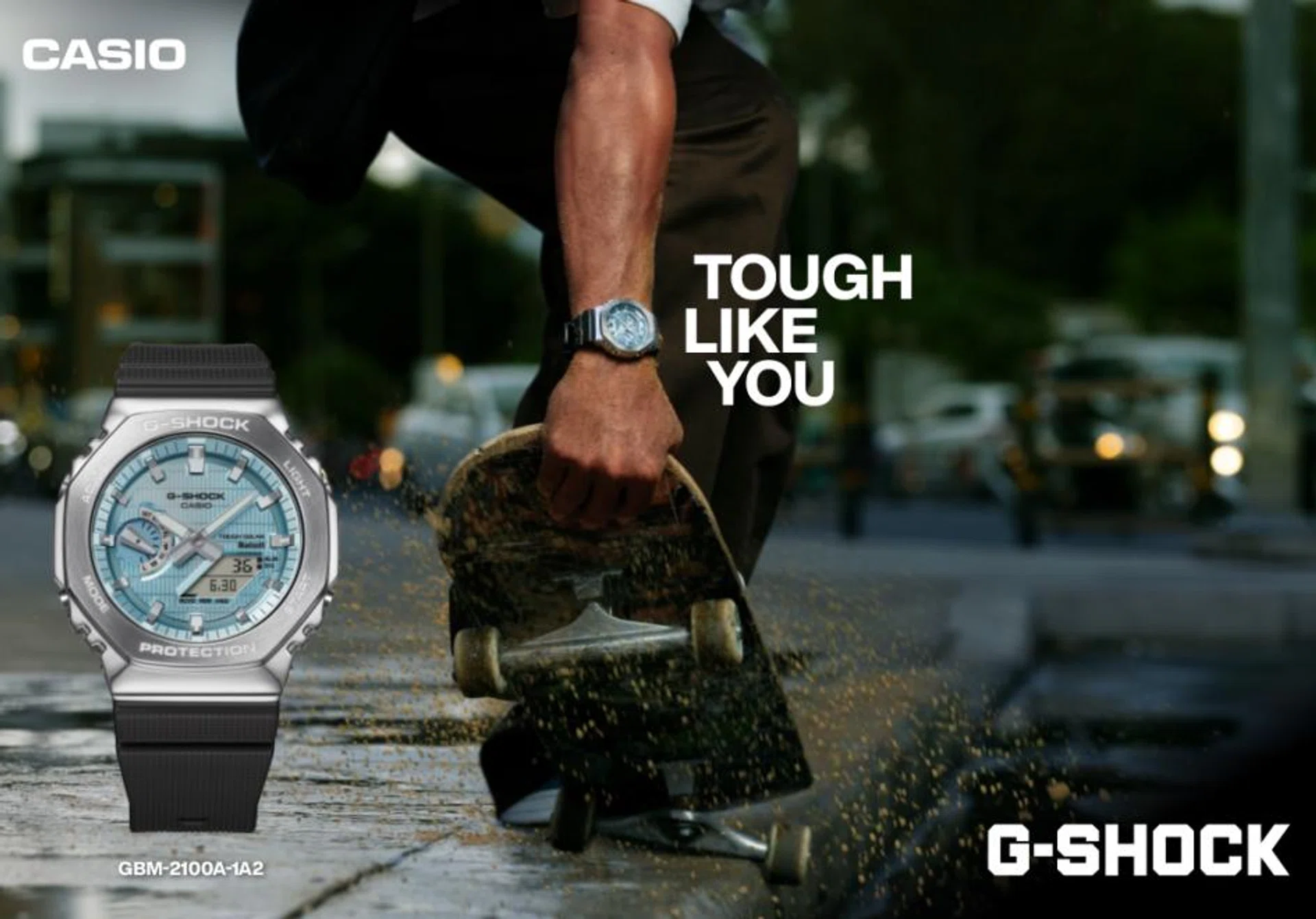 The G-Steel Color-Dial series, part of their "Tough Like You" campaign, features sleek, octagonal watches in black, blue, and green.