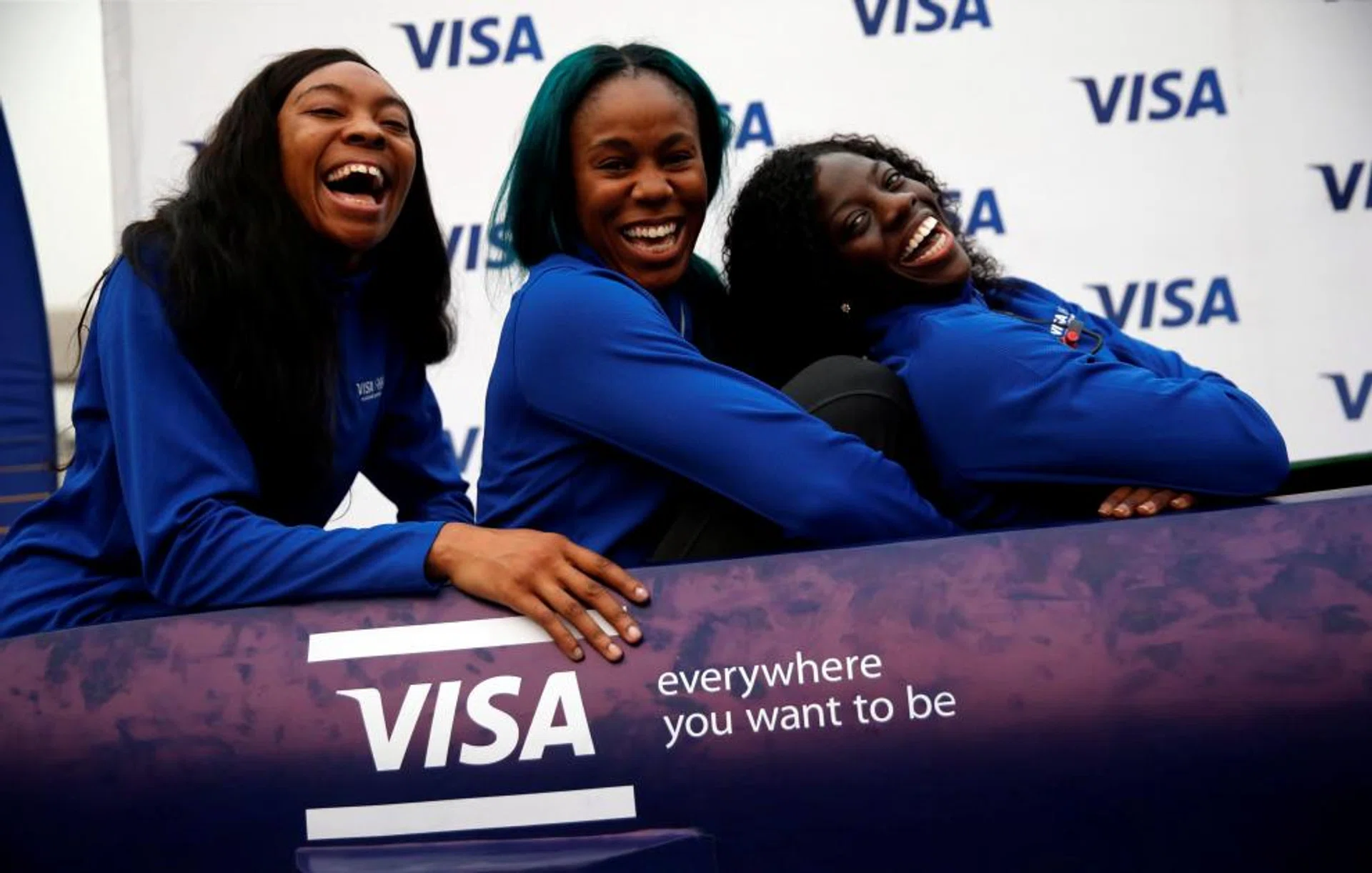 Nigerian women's bobsled team Ngozi Onwumere, Akuoma Omeoga and Seun Adigun during an event in Lagos, Nigeria, before the Pyeongchang Winter Olympics.