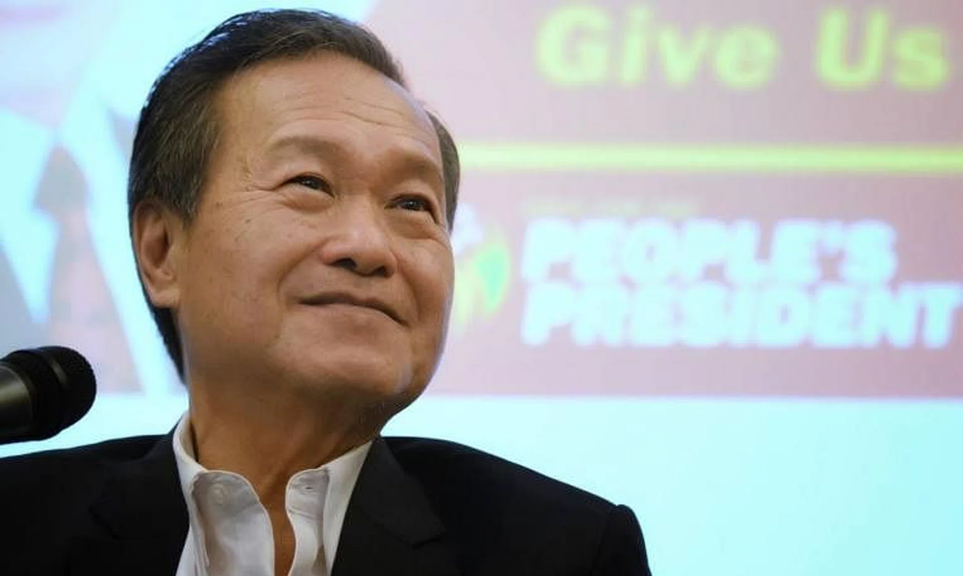 Mr Tan Kin Lian launching his presidential bid with the theme "Bring back trust, give us hope” on Aug 11, 2023.