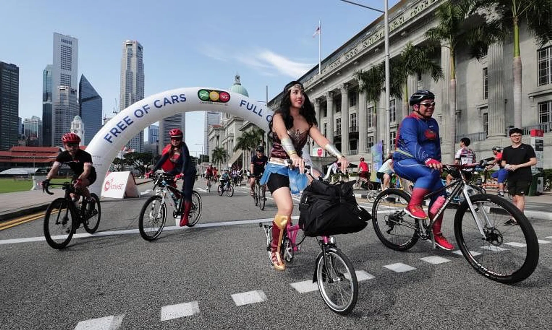 People cycling near National Gallery Singapore during the last Car-Free Sunday event in 2019.