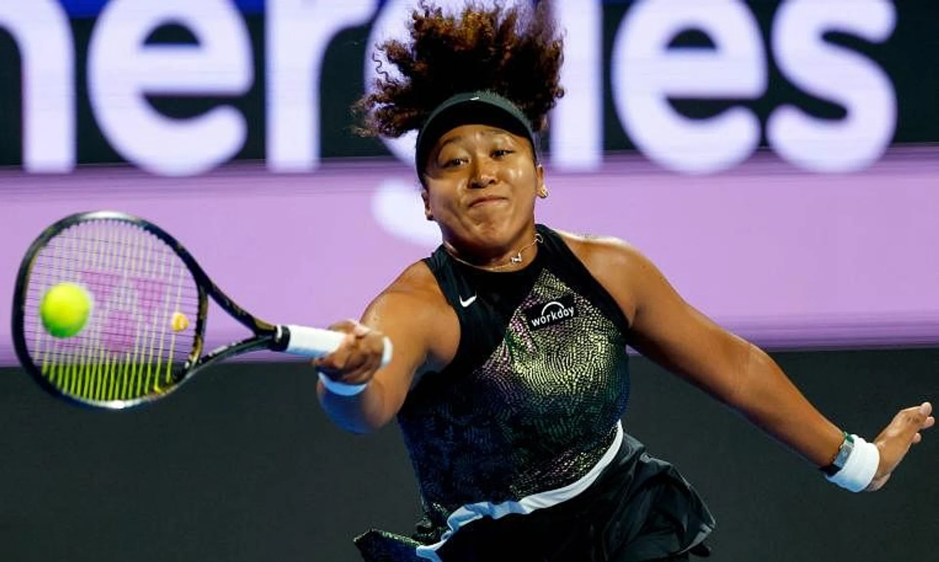 Naomi Osaka hitting a return against  Caroline Garcia during the Qatar WTA Open at Khalifa International Tennis and Squash Complex in Doha.