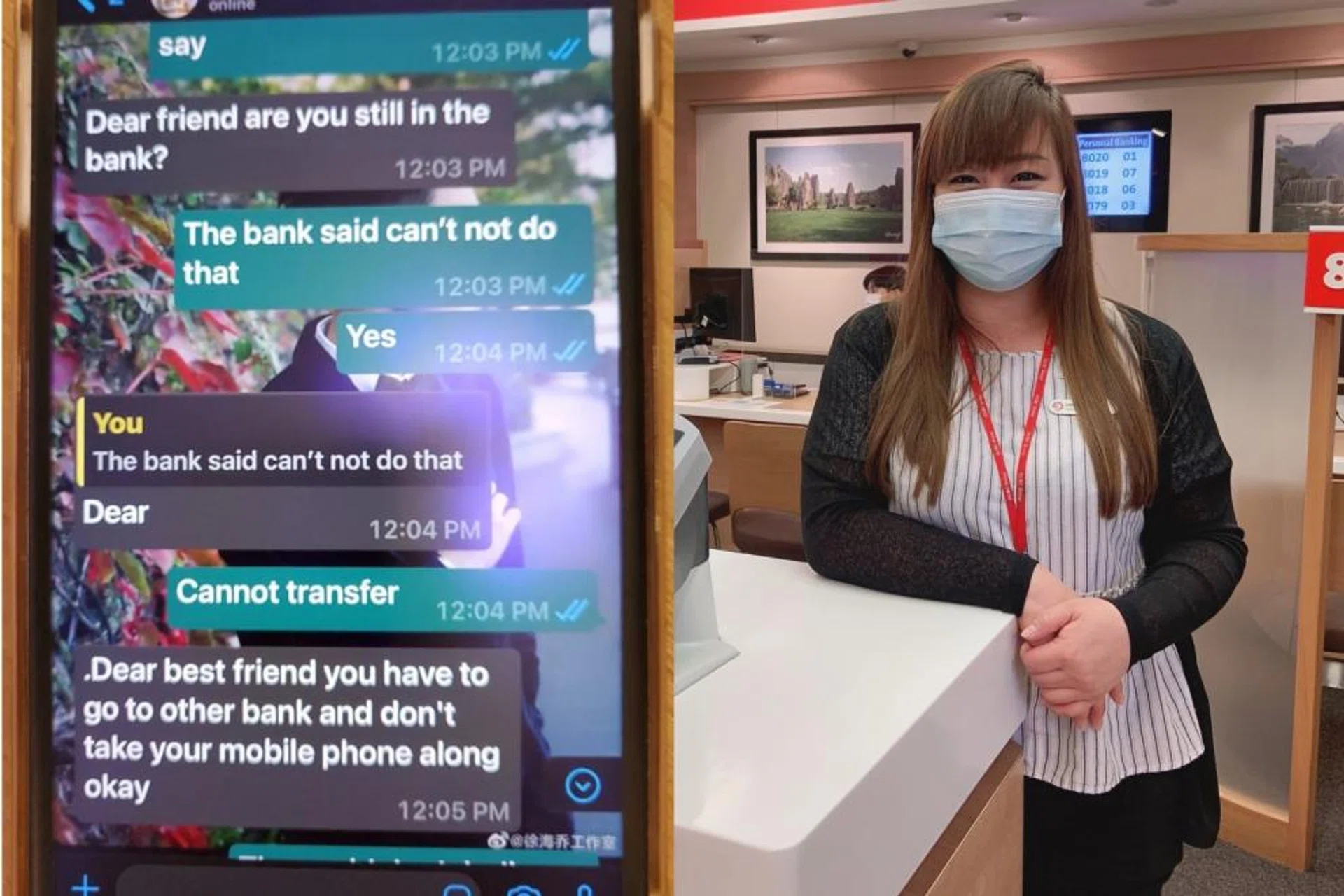 (Left) The customer's phone chat with the scammer. (Right) Ms Kristie Chiang is glad to have helped protect the customer. 