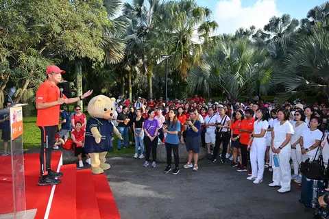 Labour chief Ng Chee Meng speaking at the International Women's Day Walk at Gardens by the Bay on March 8, 2025.