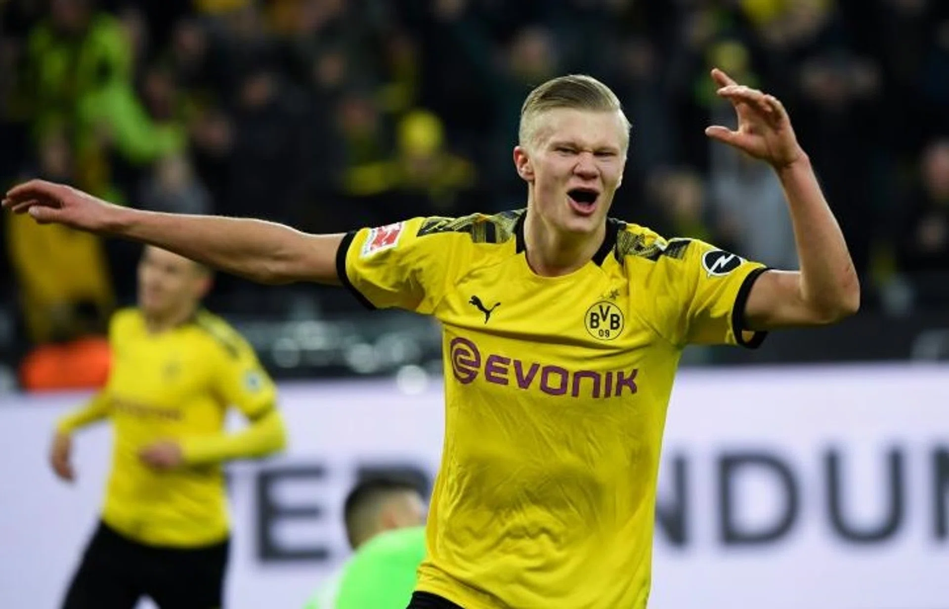 Erling Haaland celebrates after scoring against Union Berlin.