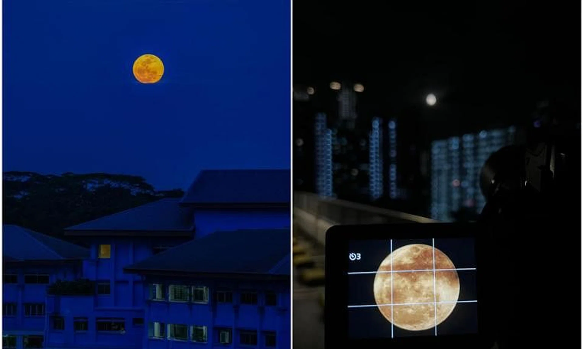 Mr Quek Song Chye took pictures of the supermoon in Pasir Ris (left), while Mr Ivan Lee took his from a Redhill multi-storey carpark.