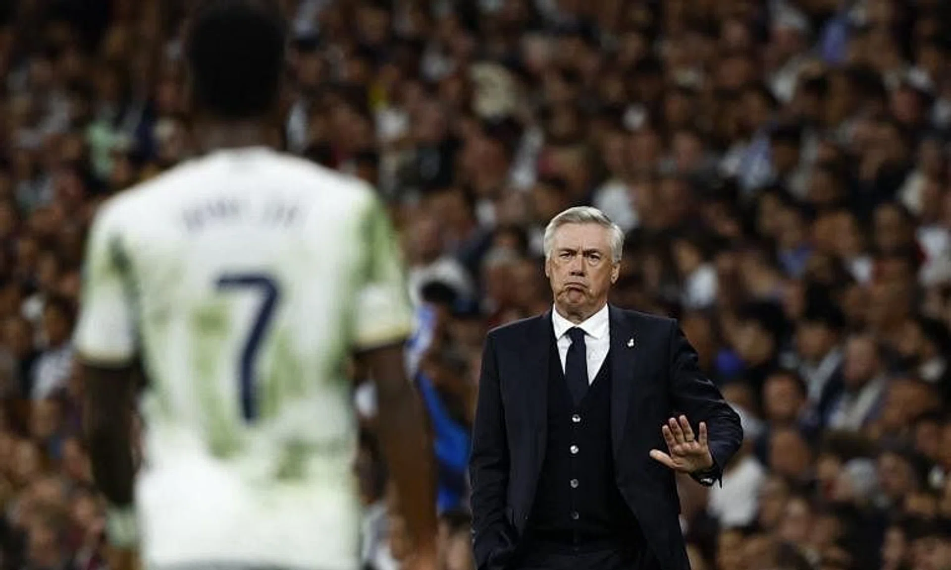 Soccer Football - LaLiga - Real Madrid v Deportivo Alaves - Santiago Bernabeu, Madrid, Spain - May 14, 2024 Real Madrid coach Carlo Ancelotti reacts REUTERS/Susana Vera