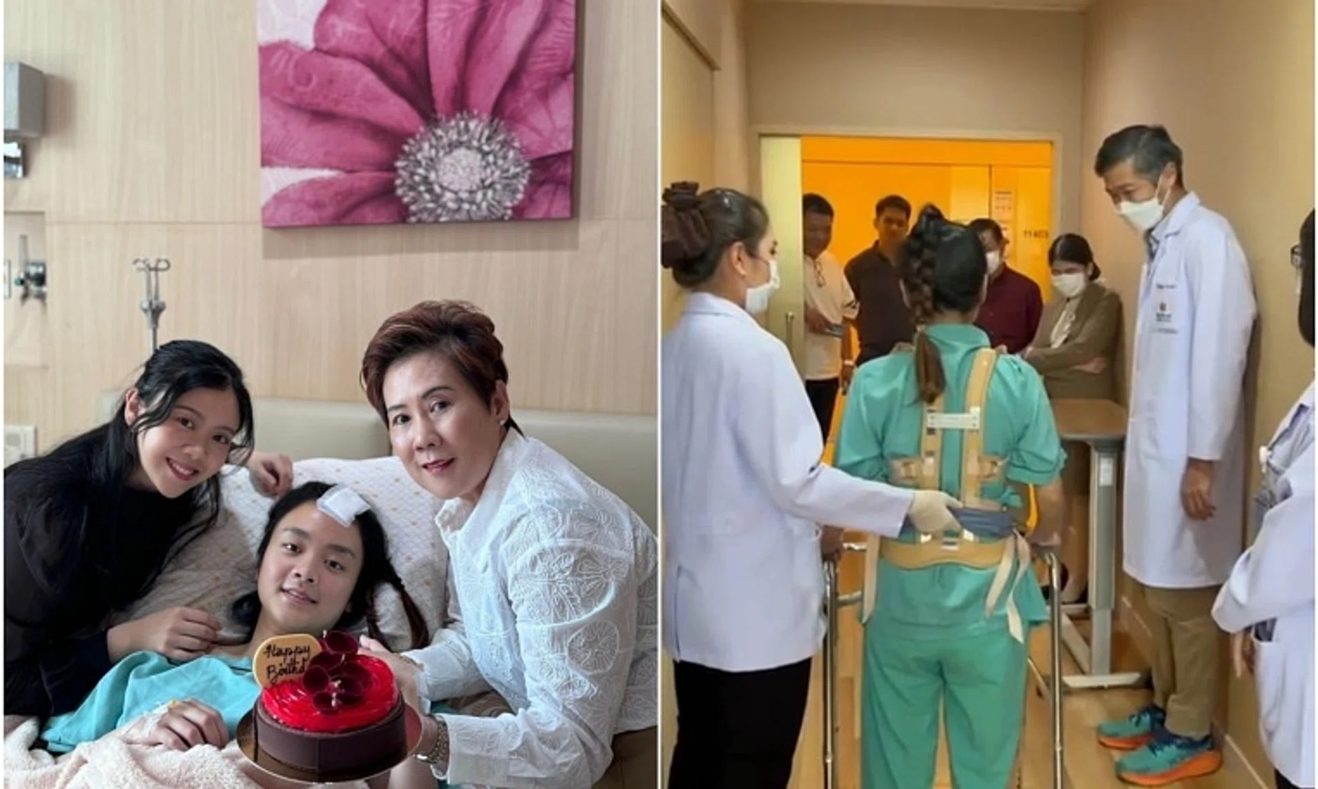 Ms Hong Mun Ying in the Bangkok hospital (left, centre) with her sister, Ms Hong Mun Wei (far left), and her mother, Ms Gan Bee Sin.