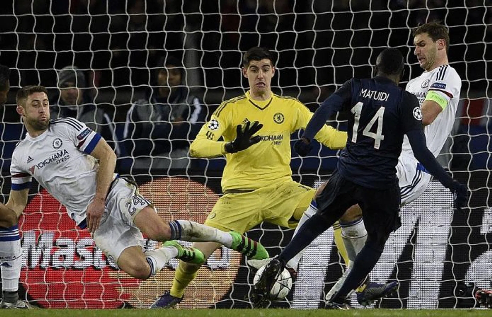 HEROICS:  Gary Cahill (left) and Branislav Ivanovic (right) combine to block Blaise Matuidi's effort.