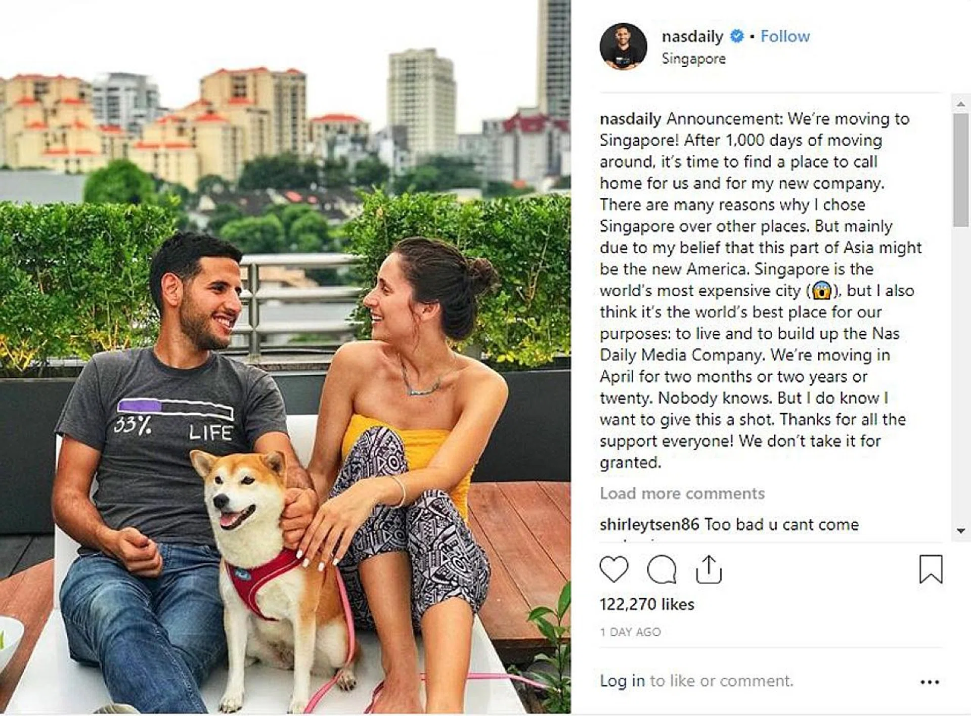 Mr Nuseir Yassin announced on Instagram that he and his girlfriend will be moving here next month. 