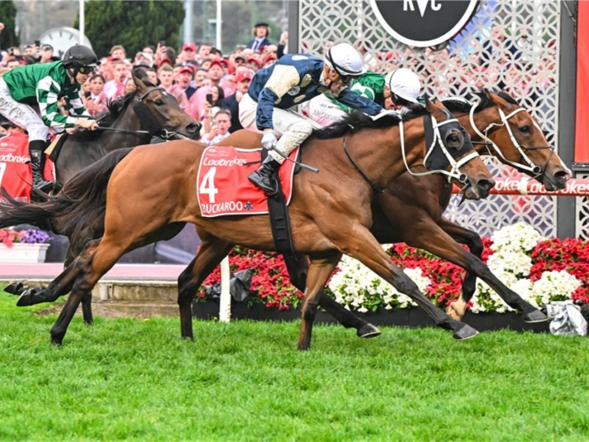 The Chris Waller-trained superstar mare Via Sistina (James McDonald, on the inside) staving off stablemate Buckaroo (Mark Zahra) for a heart-stopping victory in the Group 1 Cox Plate (2,040m) at Moonee Valley on Oct 25.