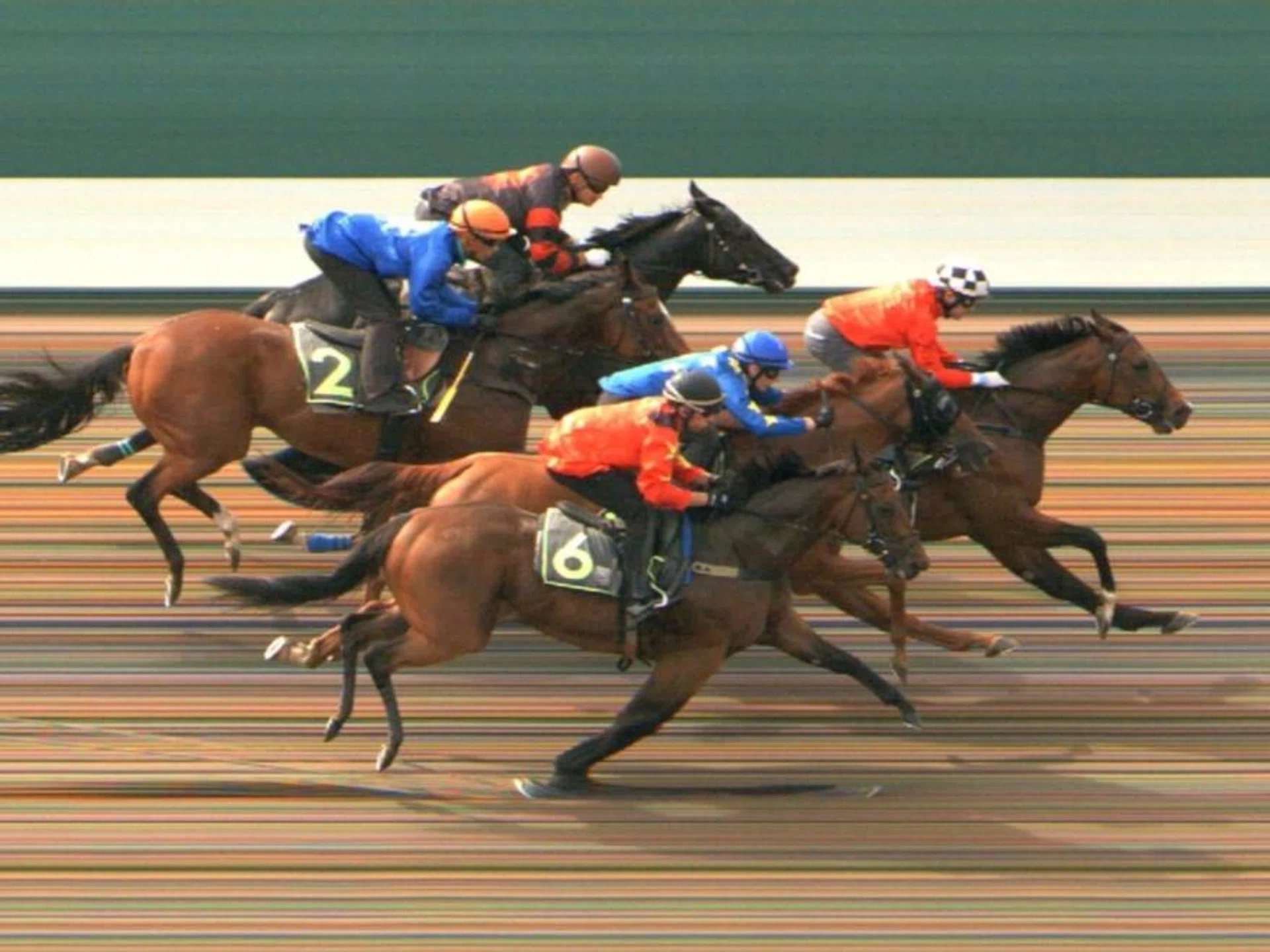 Ghalib (Manoel Nunes) winning a Kranji barrier trial from Golden Monkey (Ryan Curatolo), Lim's Kosciuszko (Marc Lerner, No. 6), Pacific Emperor (Benny Woodworth) and Street Of Dreams (Sazali Ramli, No. 2) in a busy finish on May 9.