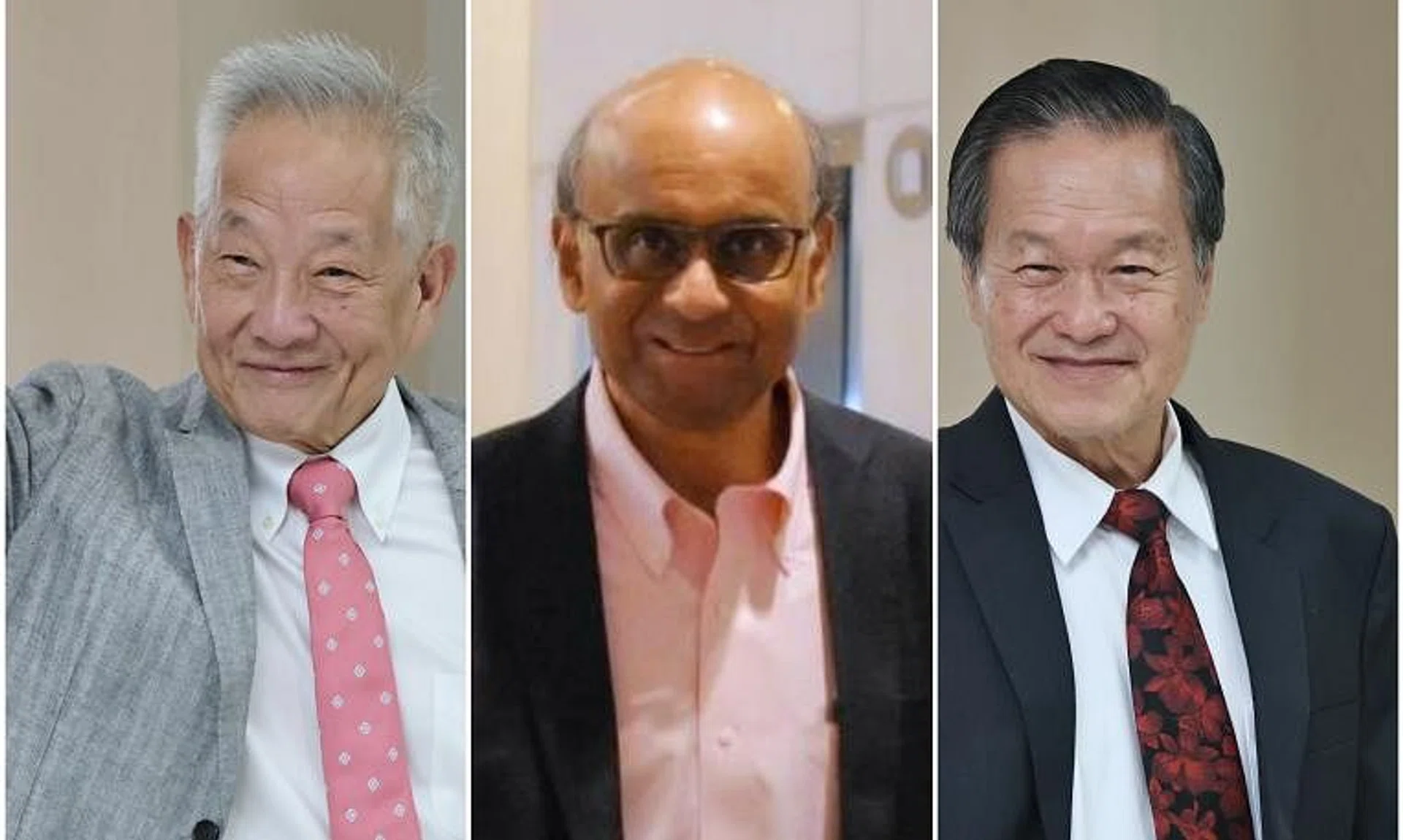 Former GIC investment chief Ng Kok Song (left), former senior minister Tharman Shanmugaratnam and former NTUC Income chief Tan Kin Lian arrived at the nomination centre on Aug 22.