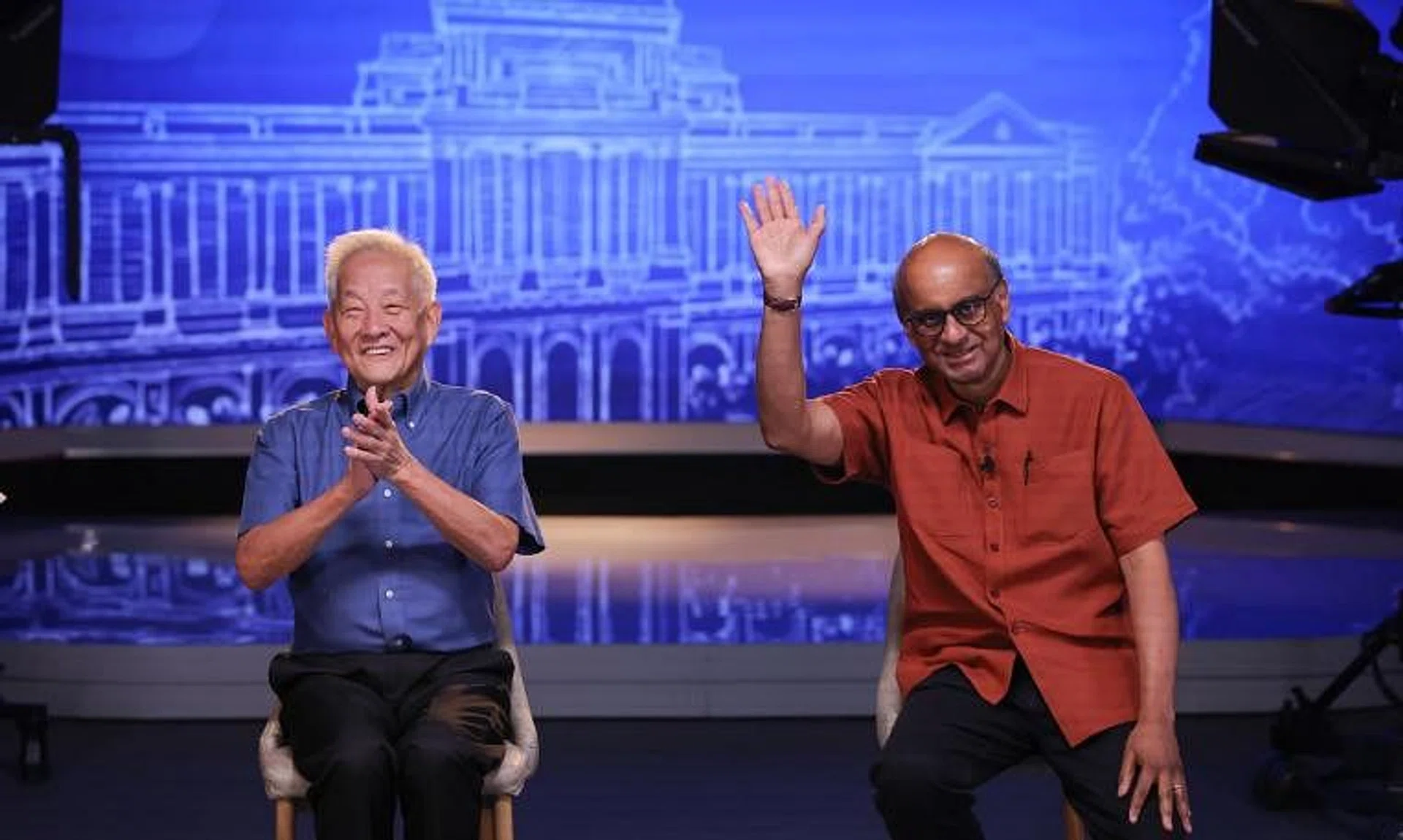 Presidential candidates Ng Kok Song (left) and Tharman Shanmugaratnam answering questions at an Ask The Next President Anything session. Mr Tan Kin Lian declined the invitation to come on the show.