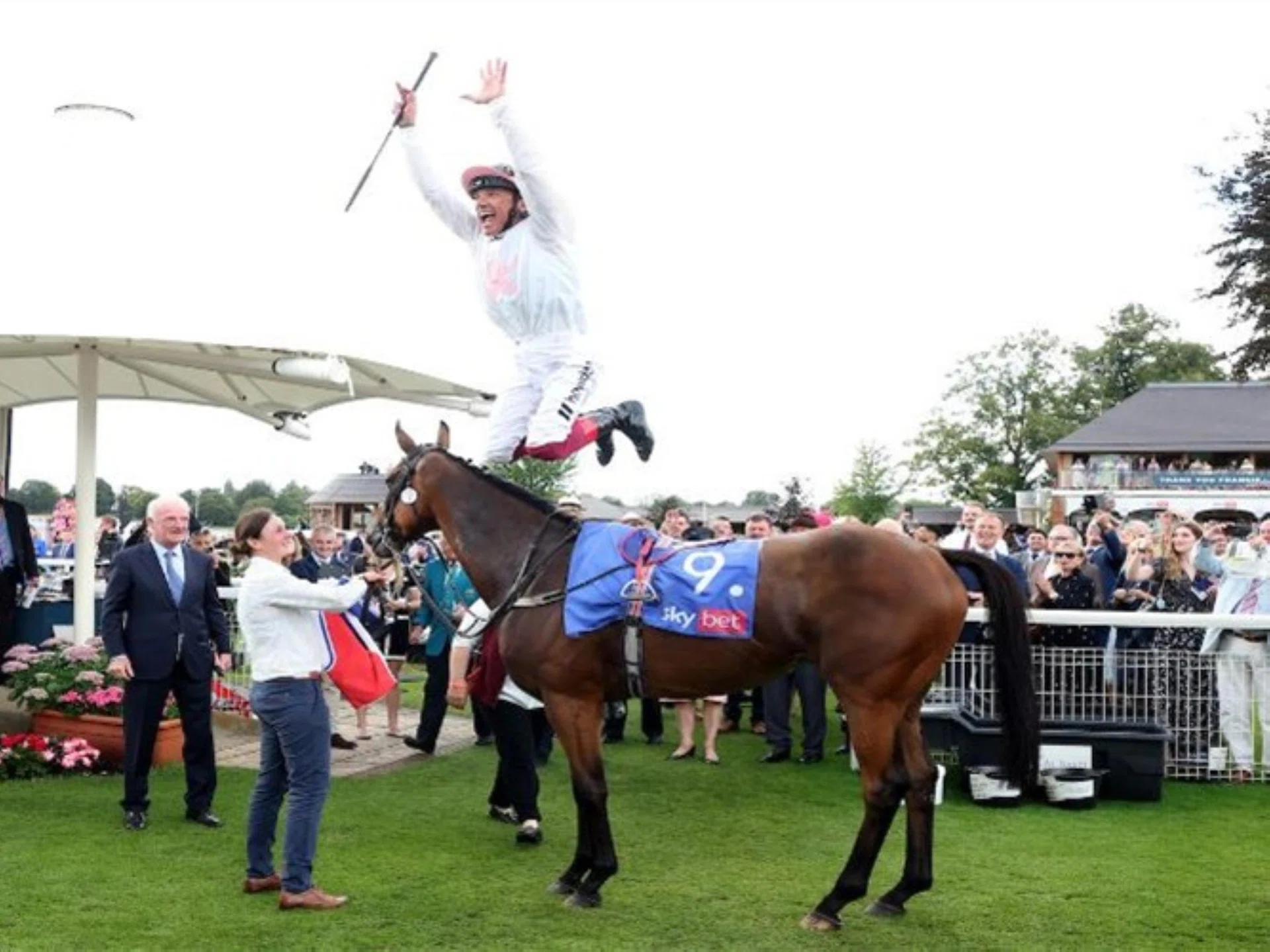 Legendary jockey Frankie Dettori doing his trademark flying dismount after steering Absurde to victory in the 2024 Ebor Handicap (2,816m) on Aug 26, 2023. The Irish stayer will be ridden by Melbourne jockey Ben Allen in the Group 1 Caulfield Cup (2,400m) on Oct 18.