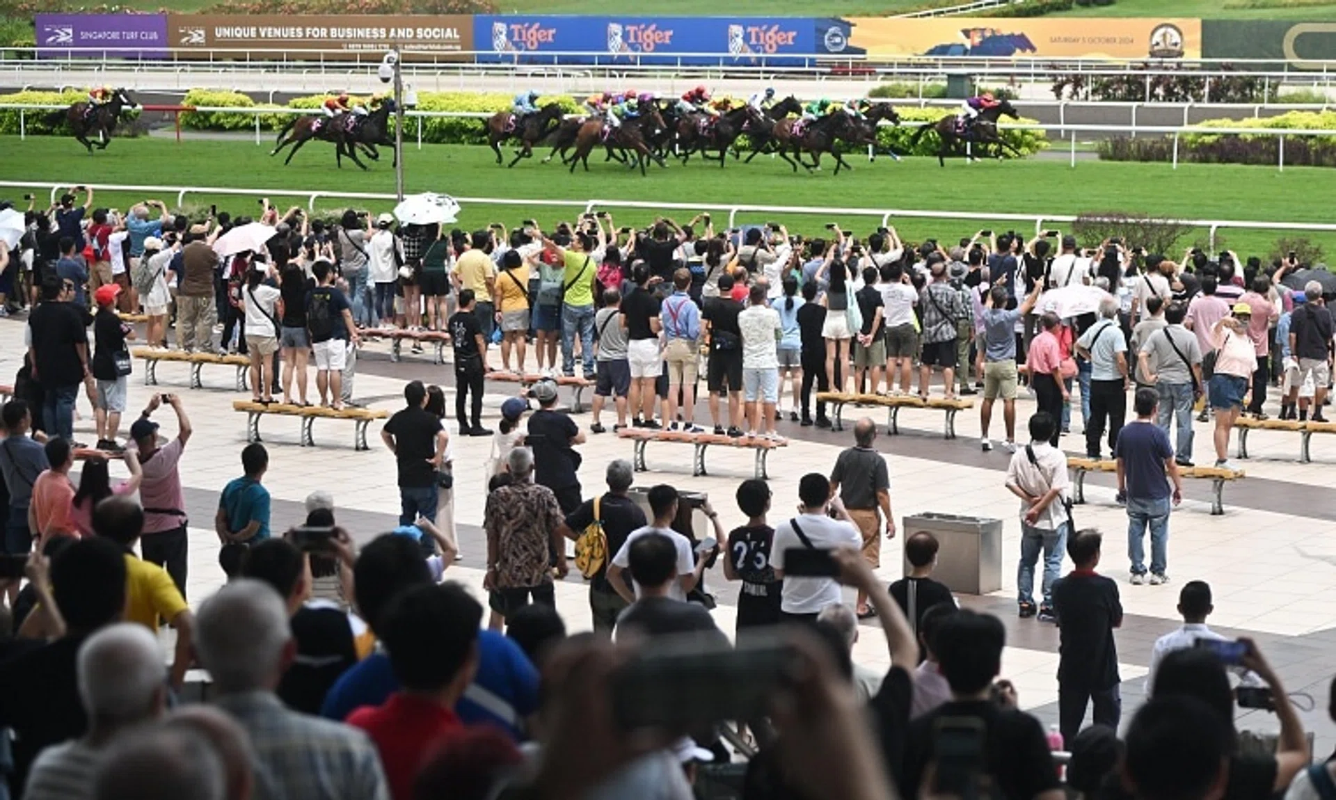 Spectators lining the fence along the periphery of the track to catch the action of the Abdul Mawi Cup at Singapore Turf Club on Oct 5.