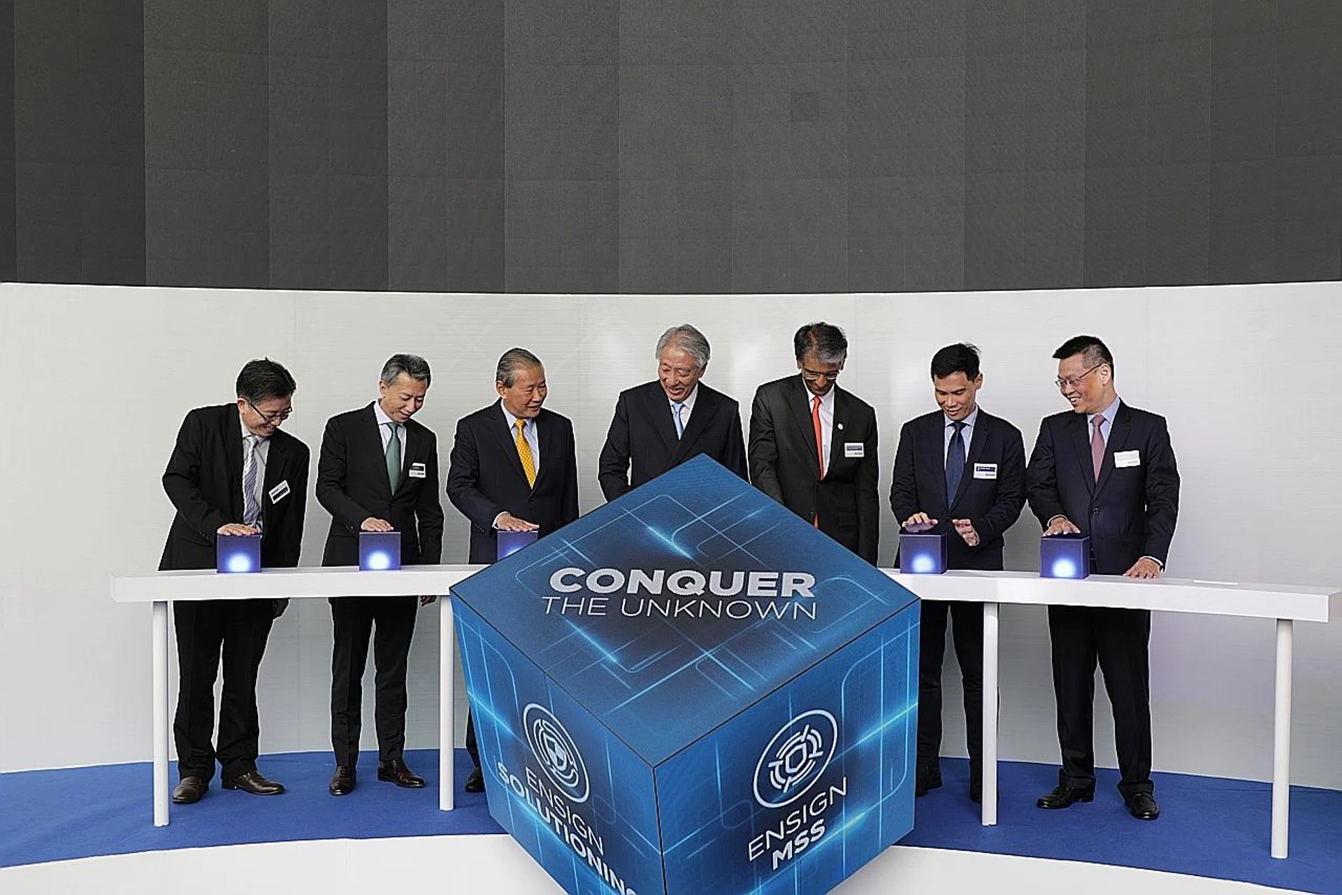 Senior Minister Teo Chee Hean (centre) and other officials at the opening of the global headquarters of Ensign InfoSecurity. 