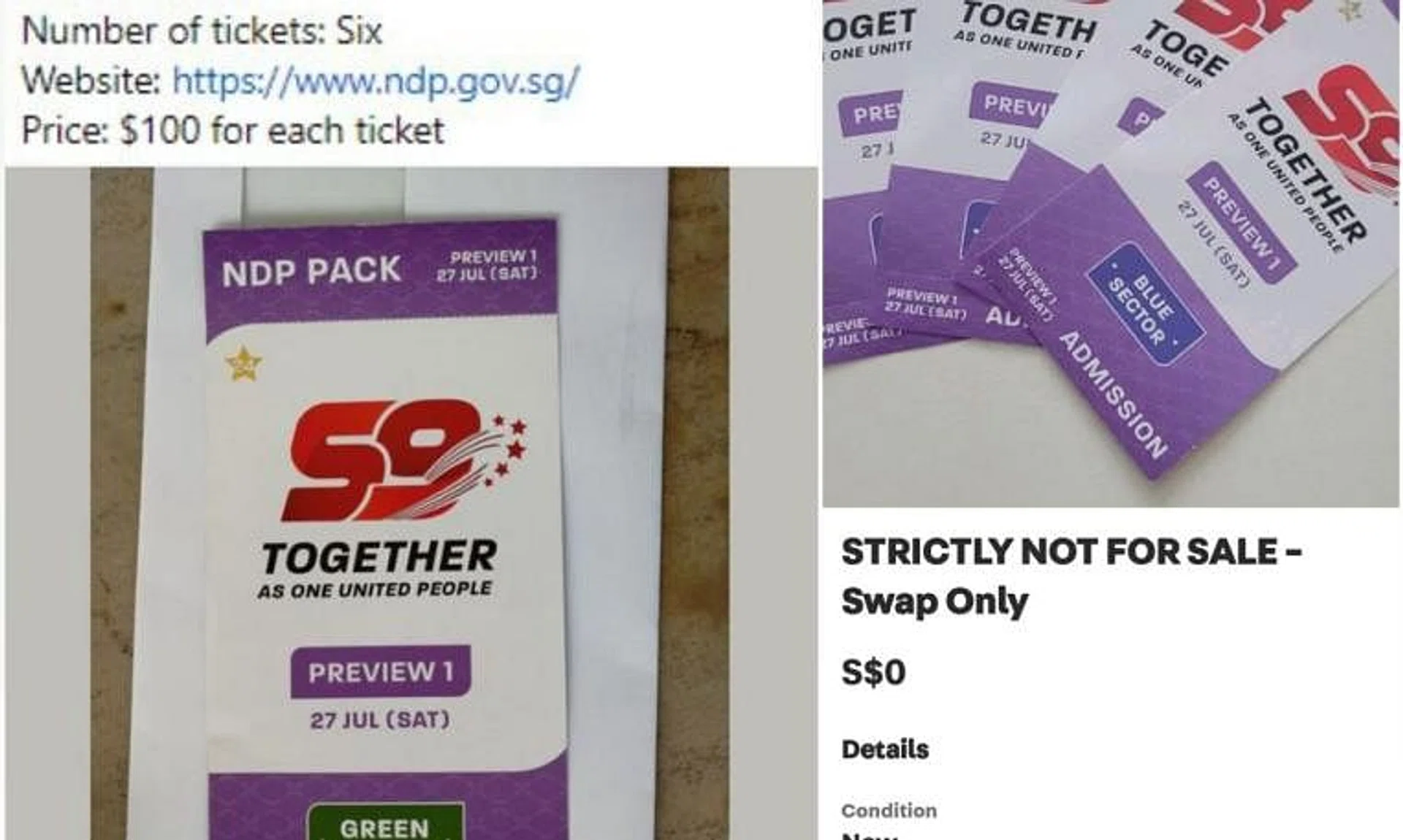 Tickets to the upcoming National Day Parade are being sold online for as much as $100 each.